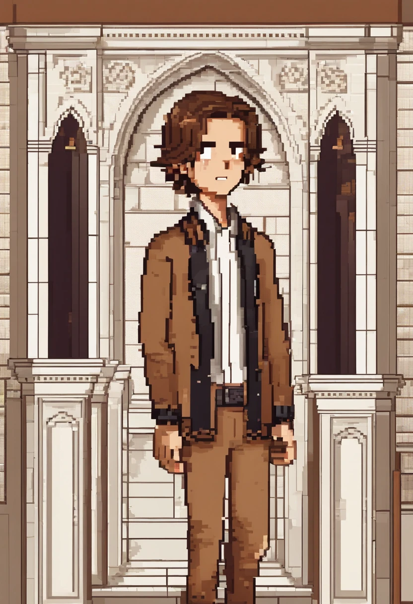 A -yeld Chtian boy with a Bible in his embers of brown hair and black eyes 
Marrom sport jacket social shirt White marrom trousers combed sideways in a christian church with a smiling face with marrom trousers all his social clothes in the Church