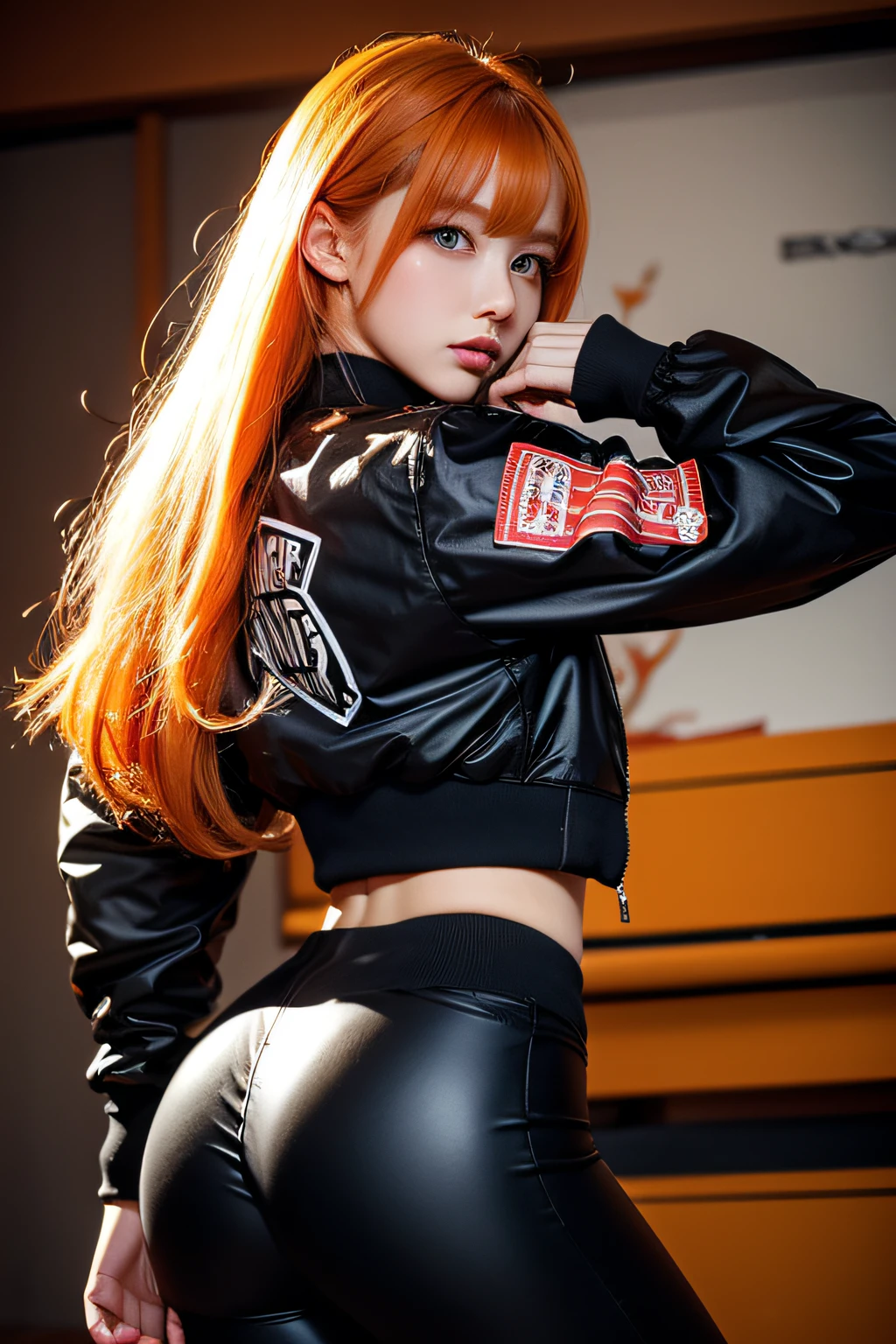 1girll, 年轻, ((leggins, Vintage Bomber Jacket 黒 80's)), Solo, offcial art, Unity 8k壁纸, ultra-detailliert, Beautiful and aesthetic, masutepiece, Best Quality, Shiny skin, Most Beautiful Form of Chaos, Elegant, Brutalist design, Bright colors, romanticism lain, ((AI in fairy tales)), Big ass, Red Nails, blondehair, Orange hair, Black eyes、masterpiece, top-quality, hightquality, hight resolution