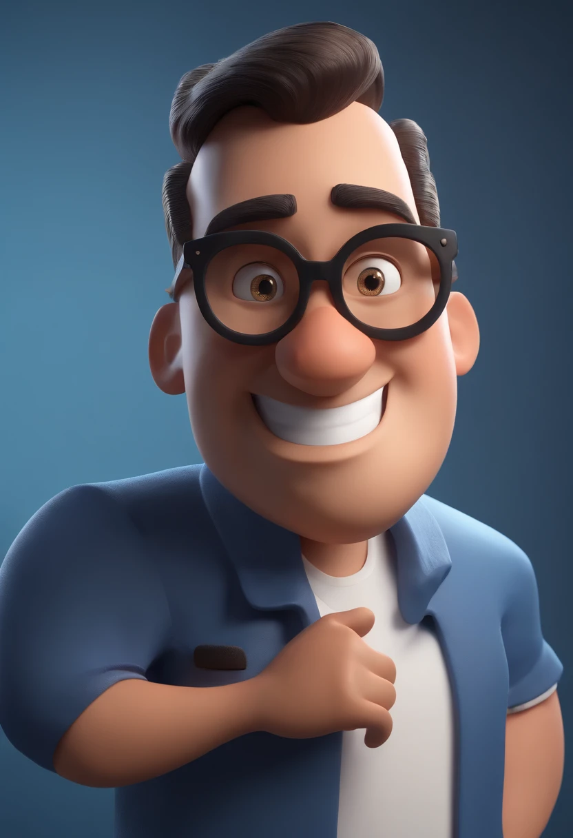 Cartoon character of a man wearing black glasses and a blue shirt, um personagem animado, Caractere estilizado, animation style rendering, 3D estilizado, Arnold Maya render, 3 d render stylized, toon render keyshot, Personagem 3D, Personagem 3D, 3d rendering stylized, 3 d character render, personagem de desenho animado, Personagem de close up, Pose de personagem, (Estilo Pixar) (master part:1.2) (Bokeh) (best quality) (pele detalhada) (textura detalhada) (8k) (argila) (Cinematic lighting) (foco nítido，Senta e vaza a parte superior do corpo