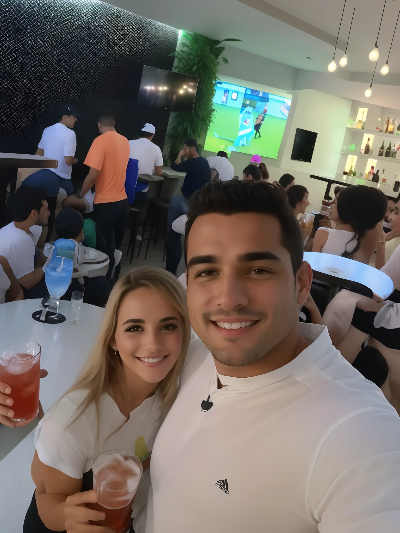 They are enjoying a drink together at a sports bar, foto de baixa qualidade, Postagem 4k, 4 k post, Fotografia selfie 8k, Directed by: Nandor Soldier, In Sao Paulo, imagem de qualidade muito baixa, Foto Octane 8K, foto 8 k, 4 mil!!!, david rios ferreira, divertindo-se, dancing in the background