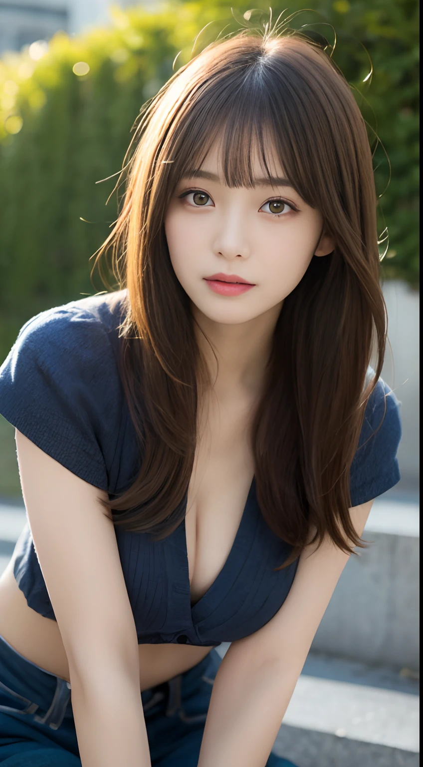 finely detail, hight resolution, hightquality、Perfect dynamic composition, Beautiful detailed eyes, Medium Hair, small tits、Natural Color Lip,Kamimei、Shibuya、20 years girl、1 persons、Transparent skin、Glowing hair、masutepiece, Best Quality, Illustration, Ultra-detailed, finely detail, hight resolution, 8K、The correct state of the human body、crouching down、Gravure Model Pose,Hair soaring in the wind