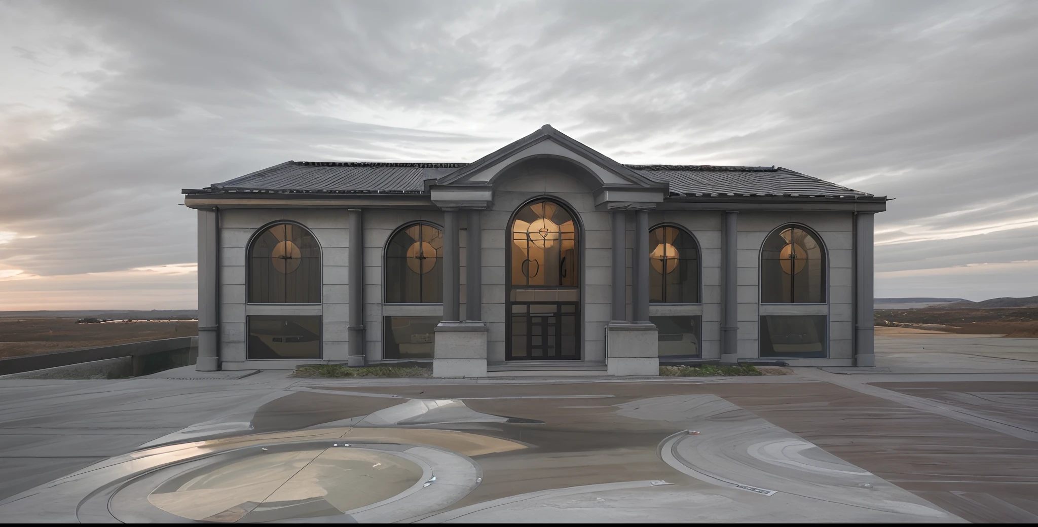 8k ultra,foont graden,wood,steel,polished concrete,aluminium glass window and doors,gray painted wall,columns painted with imitation stone,dawn