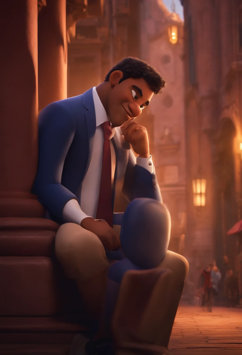 A city councilman looking at a dream project inspired by Pixar animation, de perto. The character takes center stage with captivating facial expressions, oferecendo um toque de irrealidade