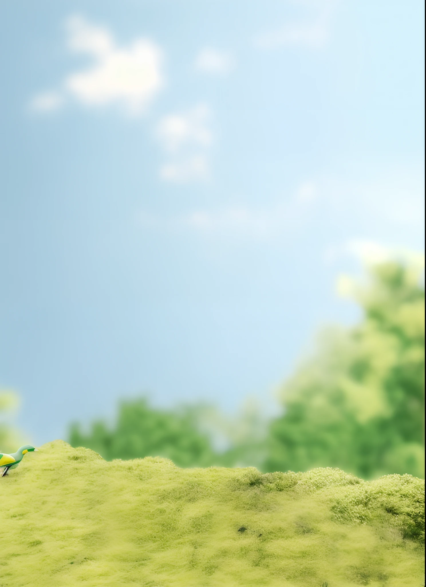 There is a small toy bird sitting on a green hill, Nature background, Natural background, blurred environment background, landscape in background, scenery background, Garden background, Lush vegetation in the background, natural landscape background, Park background, background-image, Landscape background, field background, nature and clouds in background, Blurred background, sky forest background, basic background, Sunny environment, Detailed background