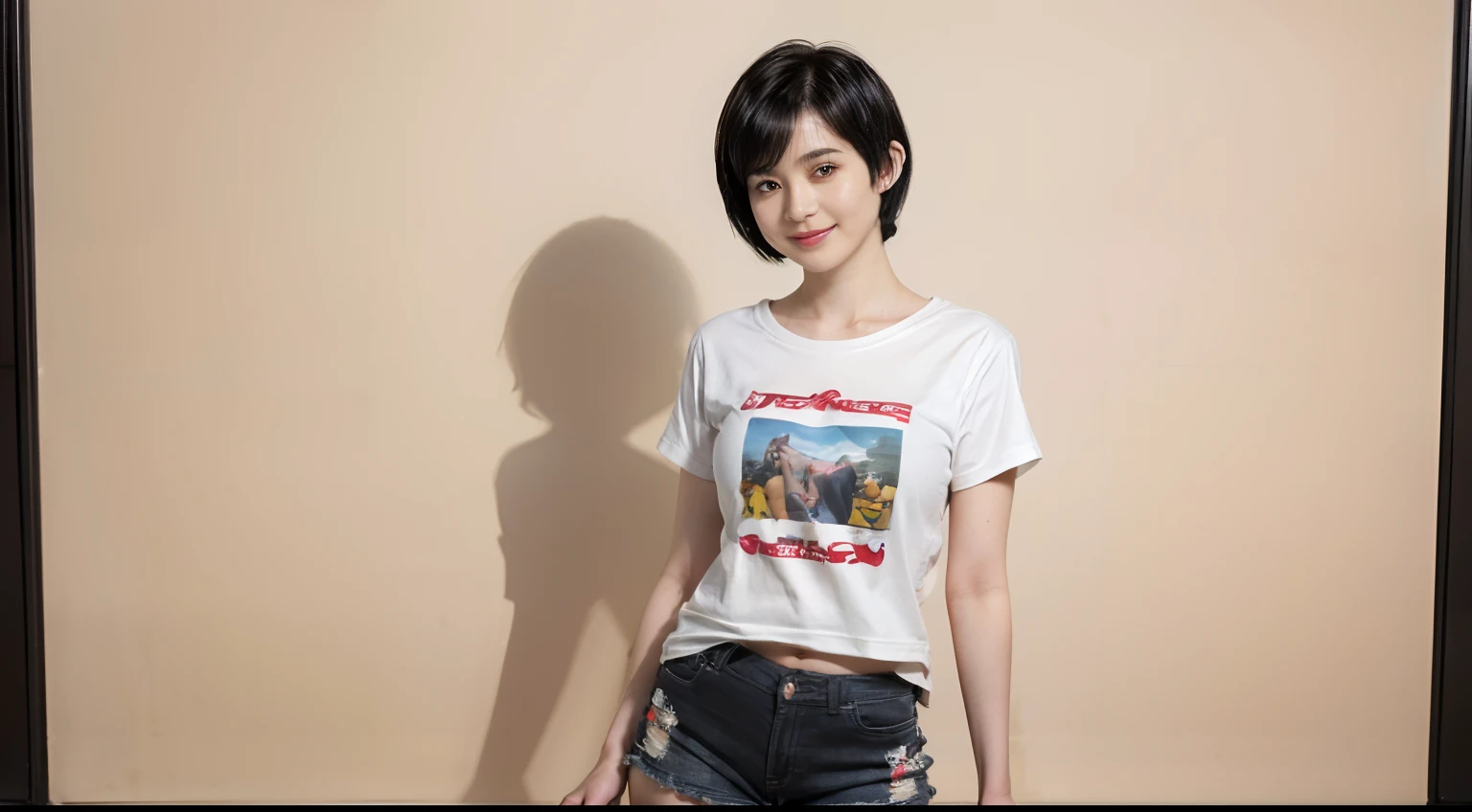 85
(a 20 yo woman,is standing), (A hyper-realistic), (masutepiece), ((short-hair:1.46)), (Smooth black hair), (Breast:1.0), (kindly smile), Wearing shorts, (Wear a T-shirt with a character design print), (Beautiful skin:1.5)