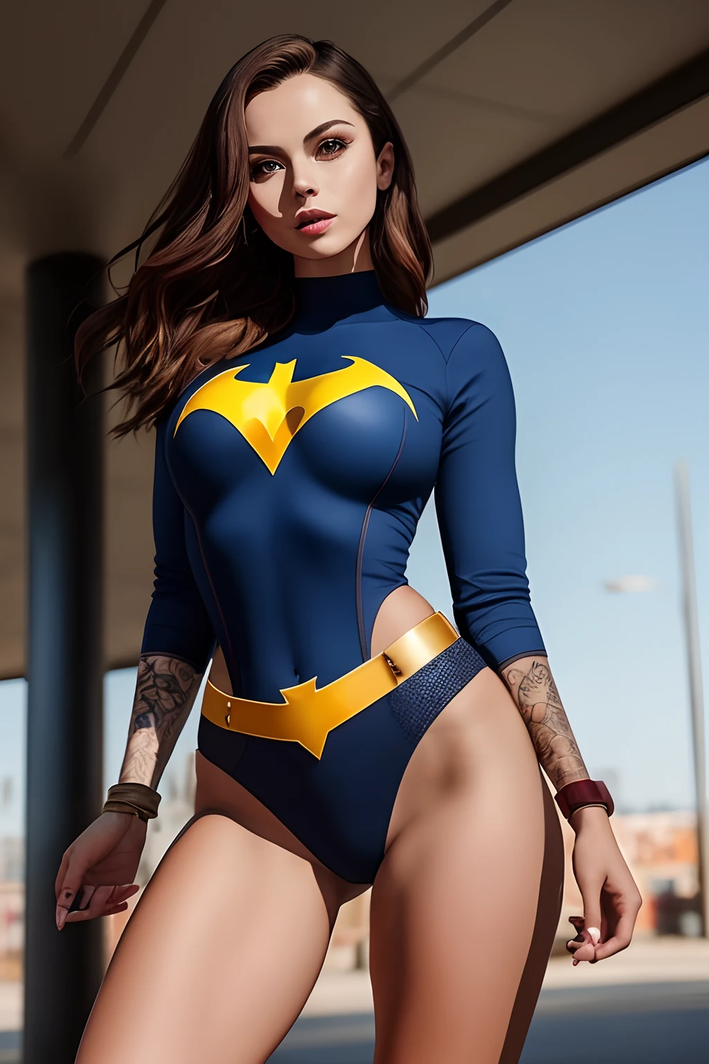 (extremely detailed 8K wallpaper), Photo of Batgirl in the middle of the picture, Confident, sexy top, Short top:1.2, Calm, Modern futuristic clothing, Complex, Highly detailed, and dramatic, Cinematic lighting, bright scene, cameltoe:1.2, thigh gap, soft light, large breasts:1.3, NSFW:1.2, fit girl, lean girl. dark gray clothes