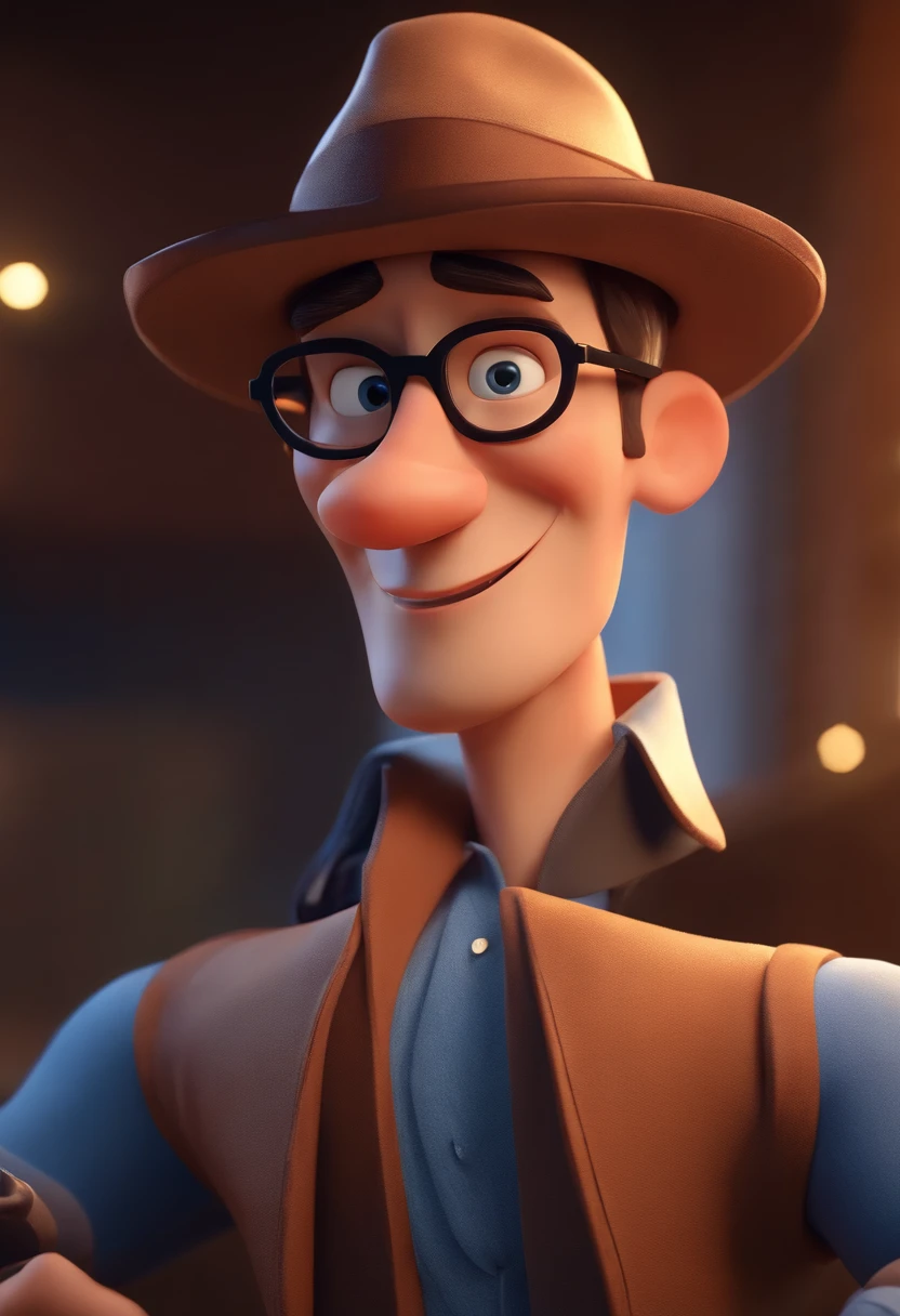 Cartoon character of a man wearing black glasses and a blue shirt, um personagem animado, Caractere estilizado, animation style rendering, 3D estilizado, Arnold Maya render, 3 d render stylized, toon render keyshot, Personagem 3D, Personagem 3D, 3d rendering stylized, 3 d character render, personagem de desenho animado, Personagem de close up, Pose de personagem, (Estilo Pixar) (master part:1.2) (Bokeh) (best quality) (pele detalhada) (textura detalhada) (8k) (argila) (Cinematic lighting) (foco nítido，Senta e vaza a parte superior do corpo