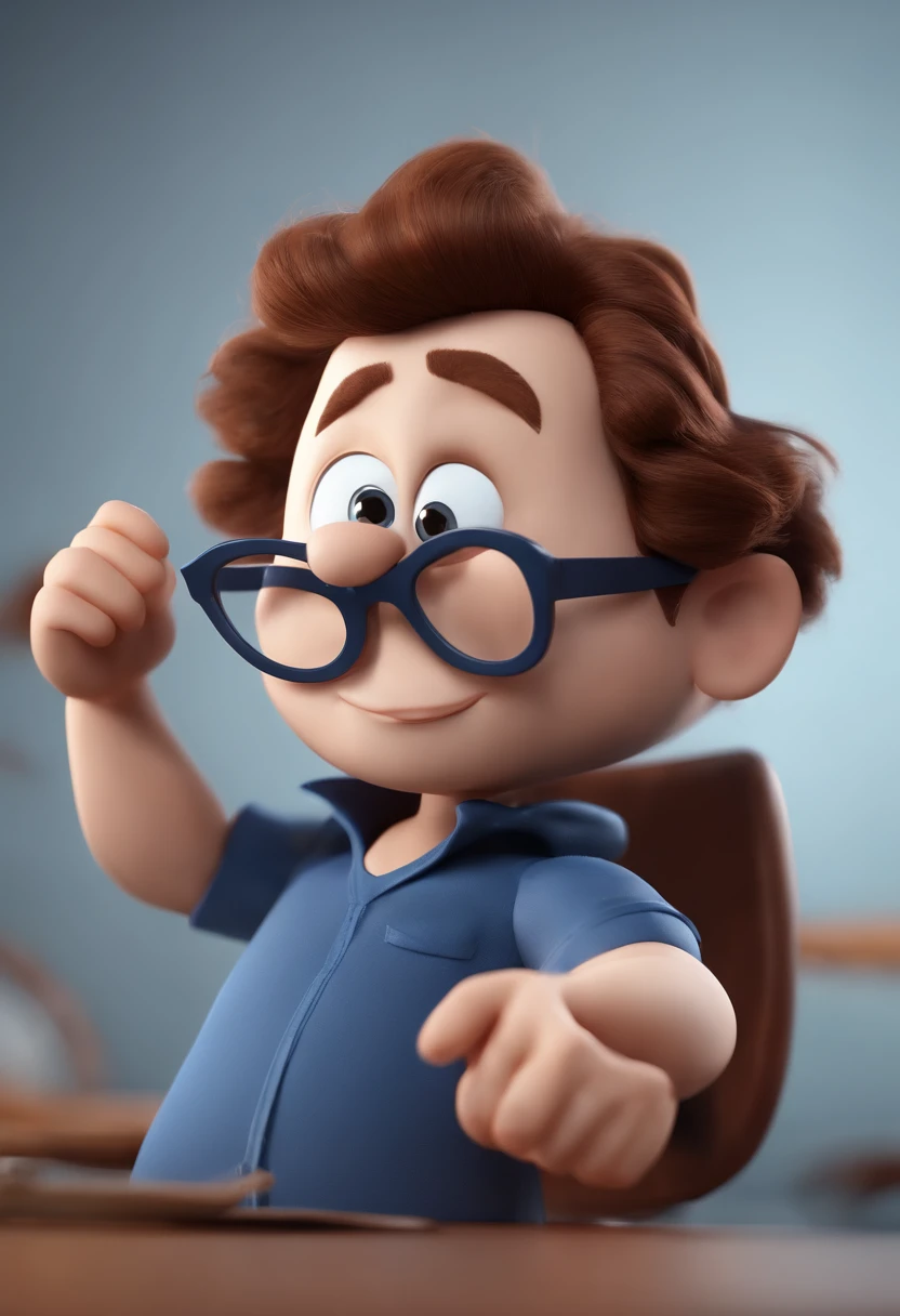 Cartoon character of a man wearing black glasses and a blue shirt, um personagem animado, Caractere estilizado, animation style rendering, 3D estilizado, Arnold Maya render, 3 d render stylized, toon render keyshot, Personagem 3D, Personagem 3D, 3d rendering stylized, 3 d character render, personagem de desenho animado, Personagem de close up, Pose de personagem, (Estilo Pixar) (master part:1.2) (Bokeh) (best quality) (pele detalhada) (textura detalhada) (8k) (argila) (Cinematic lighting) (foco nítido,Senta e vaza a parte superior do corpo