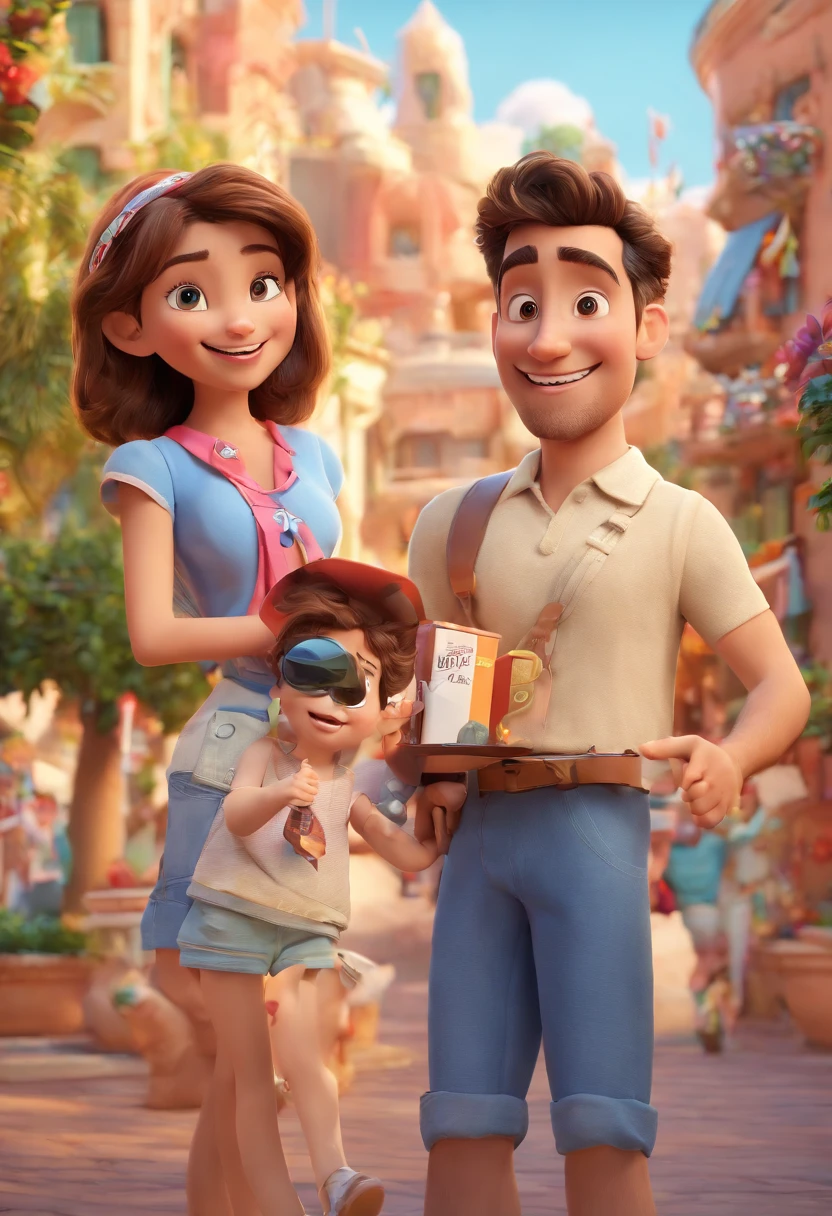 Cartoon of friends having fun on vacation together,  3D Animation Movie Poster, Poster de filme animado, pixar 3 d animation style, pixar renderman rendering, maia 8 mil, animated film, Disney Pixar Estilo 3D, amigos felizes saem juntos, all wearing light blue shirts and cream brown long pants, camisa azul clara, cream brown pants, ao ar livre, vacation, Disney Pixar Animation Poster