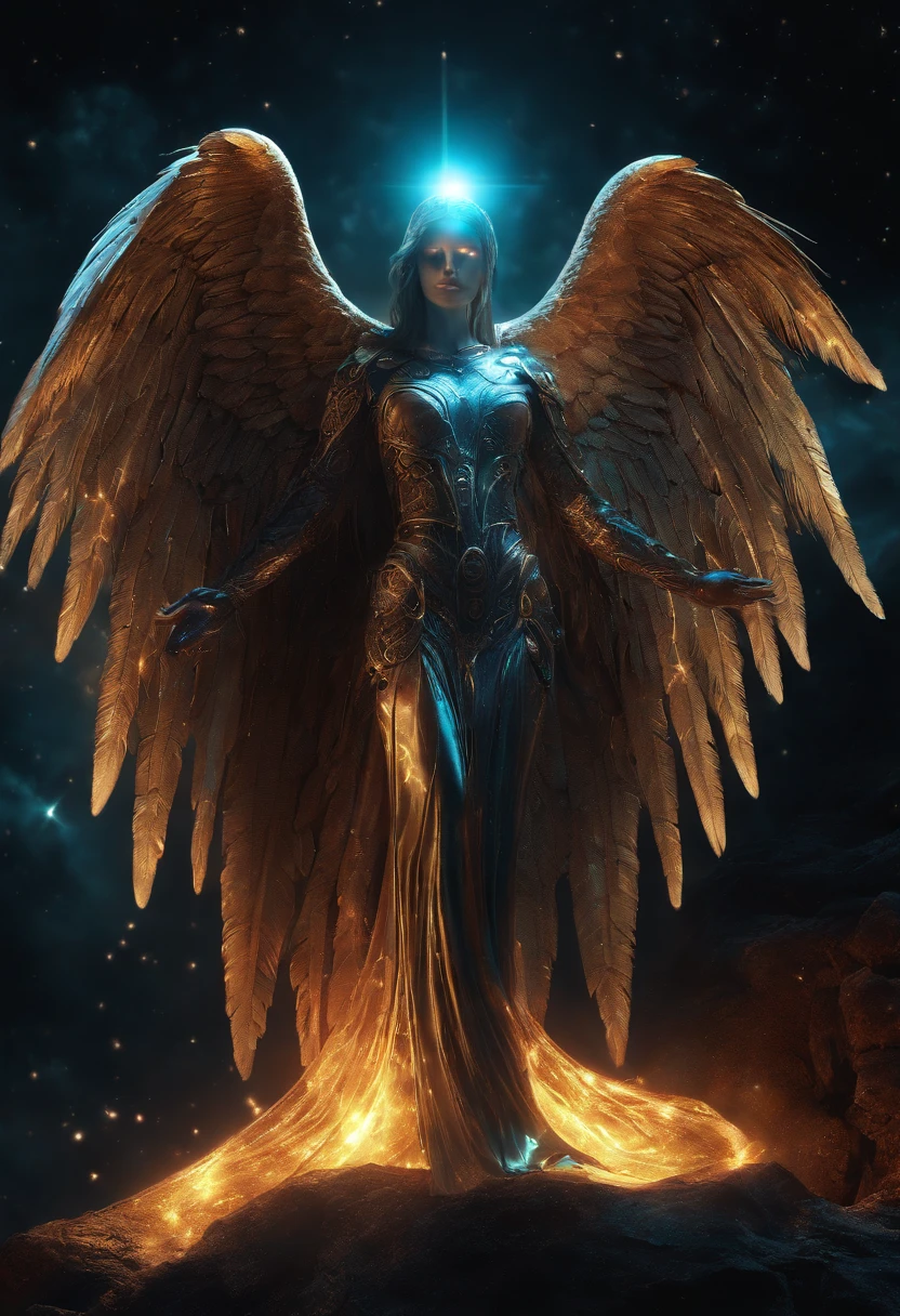 Cosmic Fallen Angel, glowing light eyes, Biomechanical, eerie, Creepy, nightmarish, Very bright colors, Light particles, with light glowing, Mshiv, wallpaper art, UHD wallpaper