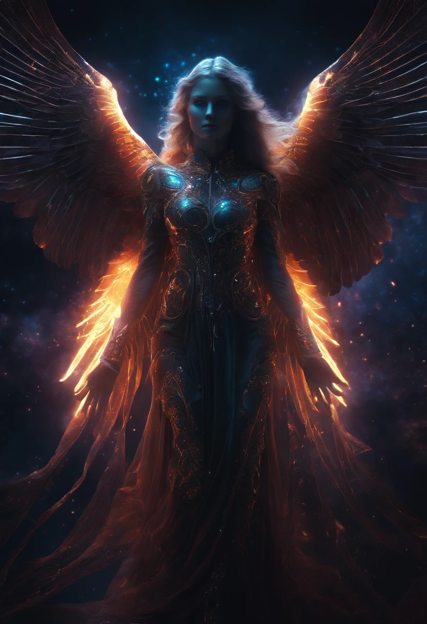Cosmic Fallen Angel, glowing light eyes, Biomechanical, eerie, Creepy, nightmarish, Very bright colors, Light particles, with light glowing, Mshiv, wallpaper art, UHD wallpaper，Full body photo of the six-winged angel，Long legs
