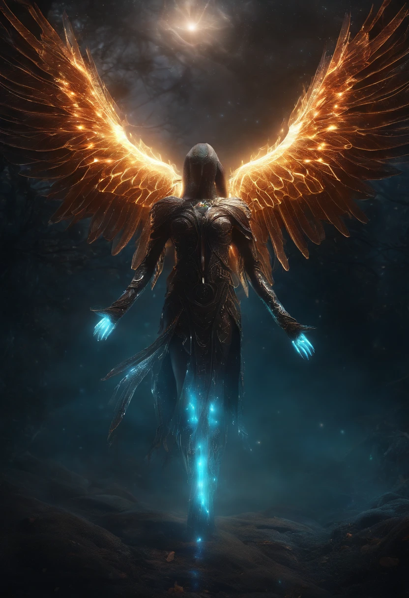 Cosmic Fallen Angel, glowing light eyes, Biomechanical, eerie, Creepy, nightmarish, Very bright colors, Light particles, with light glowing, Mshiv, wallpaper art, UHD wallpaper