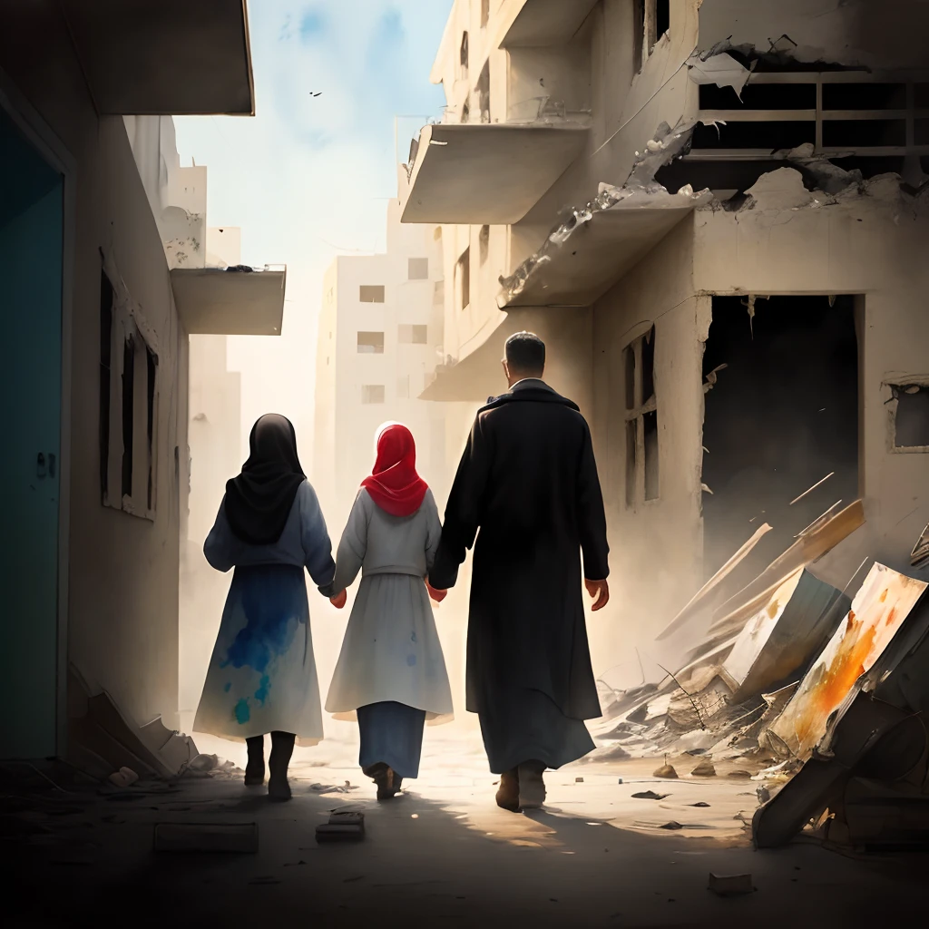 Create a stunning artwork that captures the resilience of Palestine citizens under the ruins of a hospital, utilizing various painting styles. Focused on watercolor painting style and digital art style. Depict a scene where a Palestinian family, their faces obscured, stands amidst the debris of the hospital. The foreground should showcase the textures and details of oil painting style, with rich, dark colors and thick impasto brushstrokes. Transition into a watercolor style as you move towards the background, using soft, flowing colors to depict a red river symbolizing the struggles faced by the citizens. The artwork should convey a deep sense of emotion and illustrate the strength of the people in the face of adversity.
