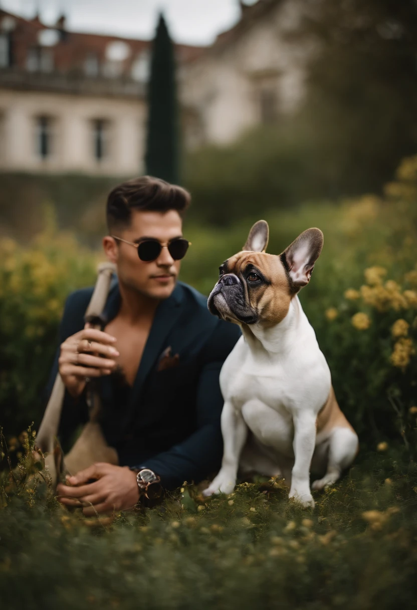 Elegante e moderno, duas pessoas, um homem e uma mulher, brilhando, Rebel and a French bulldog