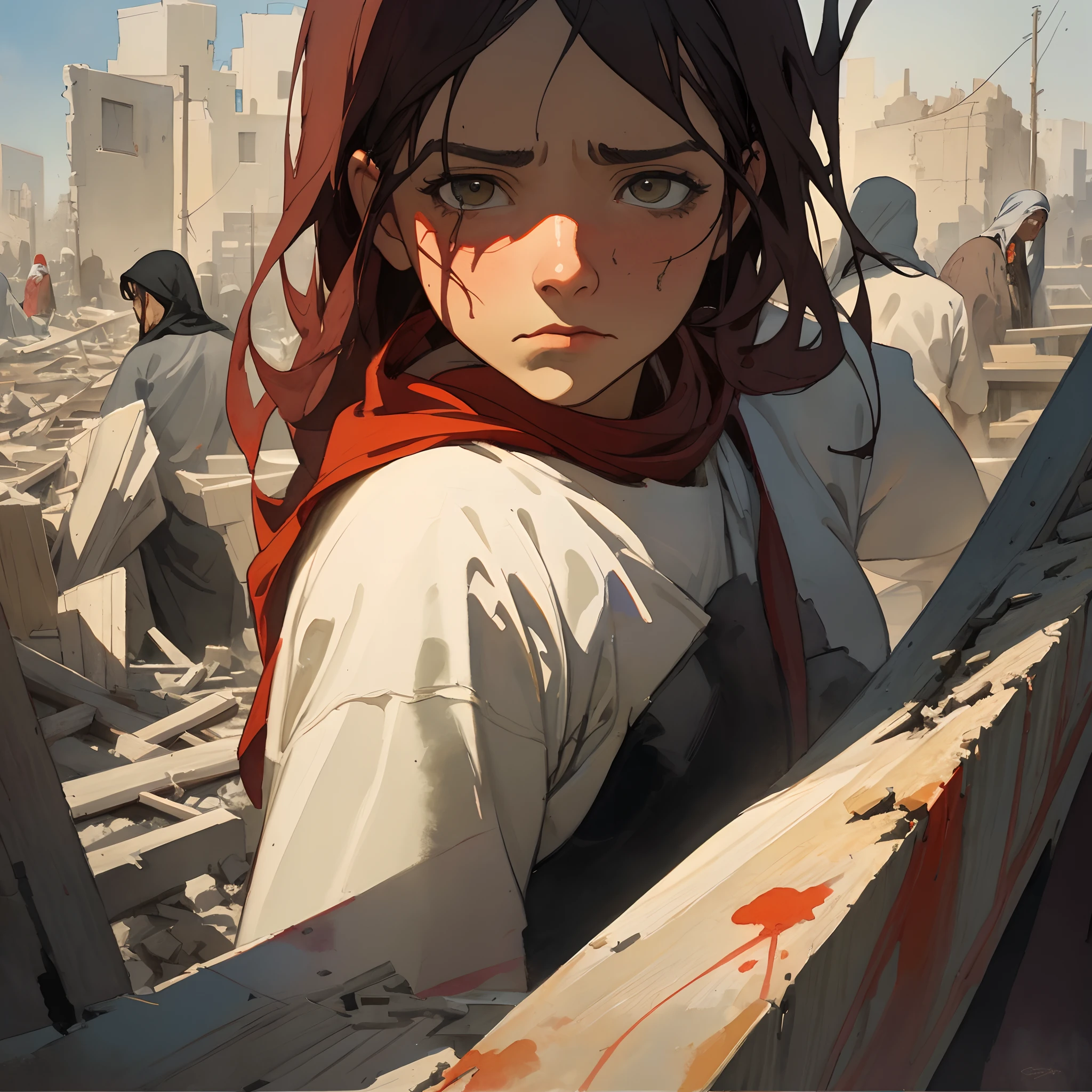 Create a stunning artwork that captures the resilience of Palestine citizens under the ruins of a hospital, utilizing various painting styles. Focused on watercolor painting style and digital art style. Depict a scene where a Palestinian family, their faces obscured, stands amidst the debris of the hospital. The foreground should showcase the textures and details of oil painting style, with rich, dark colors and thick impasto brushstrokes. Transition into a watercolor style as you move towards the background, using soft, flowing colors to depict a red river symbolizing the struggles faced by the citizens. The artwork should convey a deep sense of emotion and illustrate the strength of the people in the face of adversity.