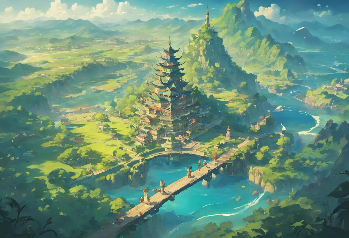 Flat Map, Group of flying islands, A large number of floating islands, Halo, game map, Ancient Fantasy Regional Map, Highly detailed map,Detailed Map, Elevation map,world map、Map of the Kingdom、Isekai Adventures K HD、meticulous、View from above, spread out,Pixel art, Magical Floating Island, Villages and vast expanses