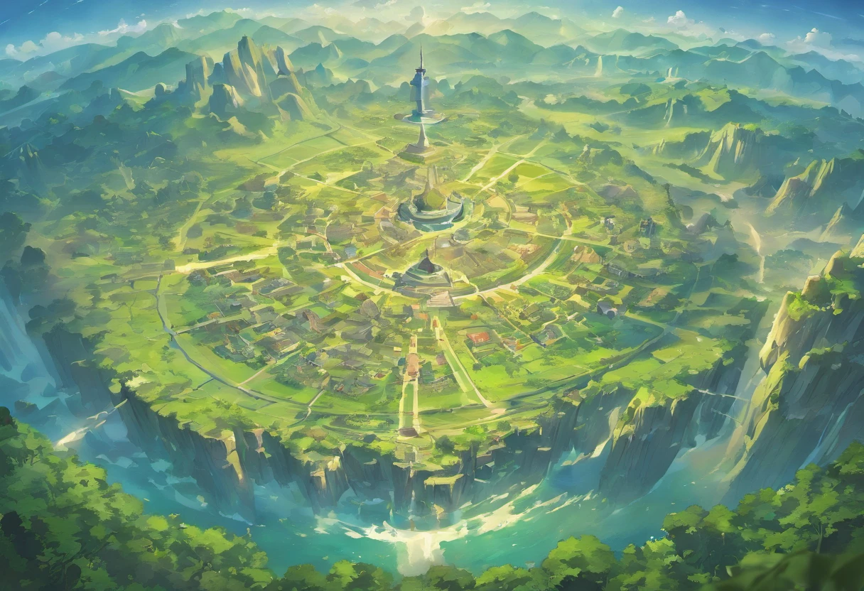 Flat Map, Group of flying islands, A large number of floating islands, Halo, game map, Ancient Fantasy Regional Map, Highly detailed map,Detailed Map, Elevation map,world map、Map of the Kingdom、Isekai Adventures K HD、meticulous、View from above, spread out,Pixel art, Magical Floating Island, Villages and vast expanses