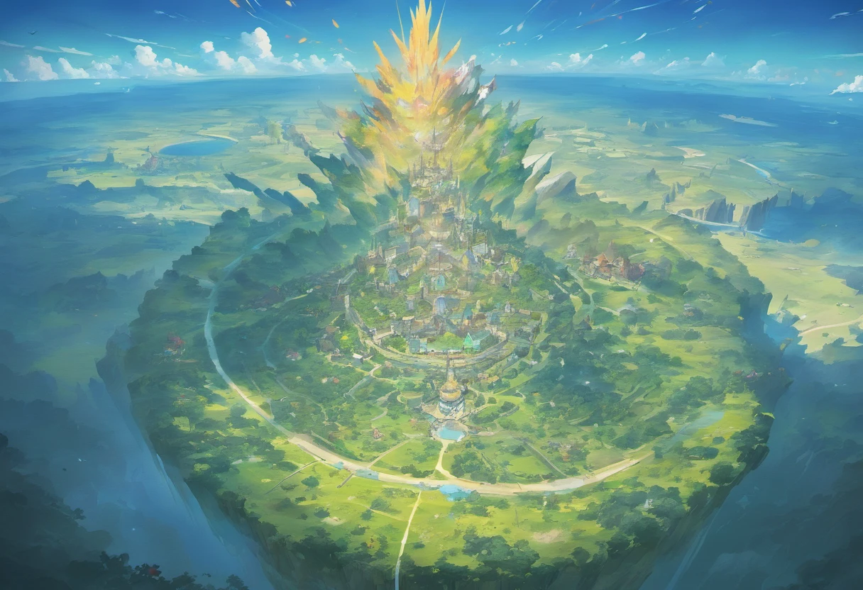 Flat Map, Group of flying islands, A large number of floating islands, Halo, game map, Ancient Fantasy Regional Map, Highly detailed map,Detailed Map, Elevation map，world map、Map of the Kingdom、Isekai Adventures K HD、meticulous、View from above, spread out，Pixel art, Magical Floating Island, Villages and vast expanses
