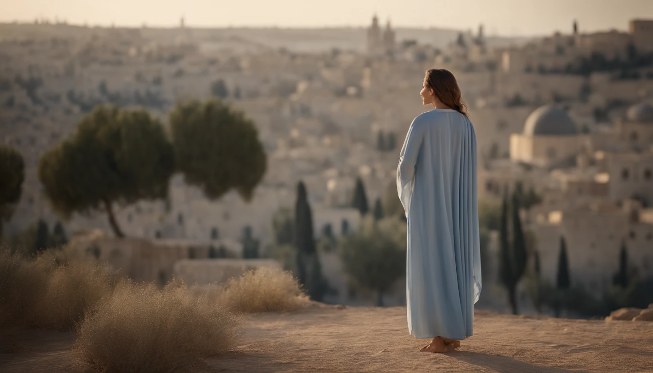 Mary, mother of Jesus, wearing a light blue tunic with white accents, in the background the city of Jerusalem at the time of Jesus, foto retrato, ultra realista, alta qualidade, 4k, cena de filme, Sony A7R III