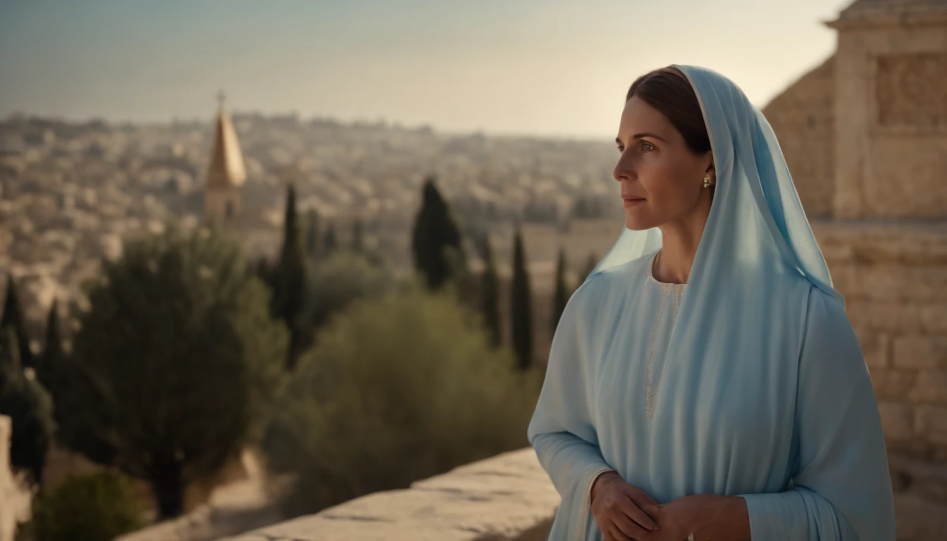 Mary, mother of Jesus, wearing a light blue tunic with white accents, in the background the city of Jerusalem at the time of Jesus, foto retrato, ultra realista, alta qualidade, 4k, cena de filme, Sony A7R III
