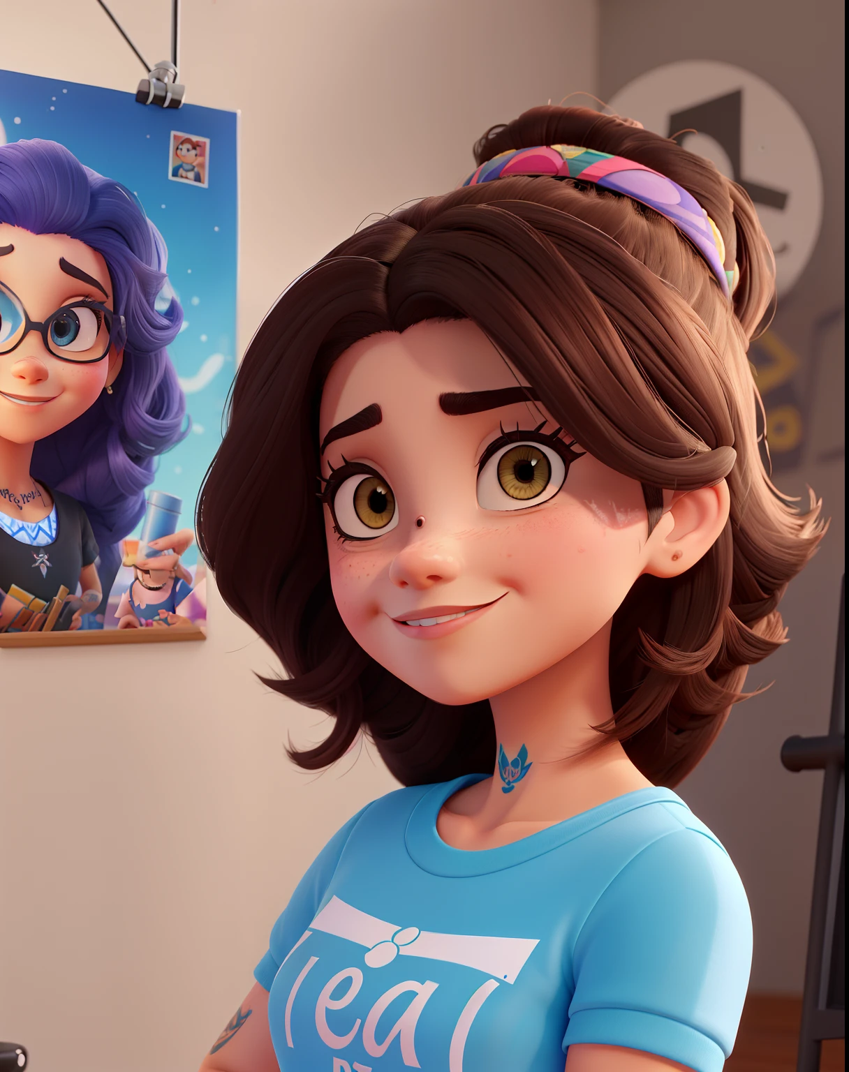 poster disney/pixar escultura digital z brush tatuador cartoon de camisa preta xadrez cabelo grande com barba sentado em uma cadeira no studio de tattoo fazendo uma tatuagem em um porco uma placa com nome romuleque tattoo na parede quadros de tattoo e skate pendurado na parede e uma mascara hania em destaque