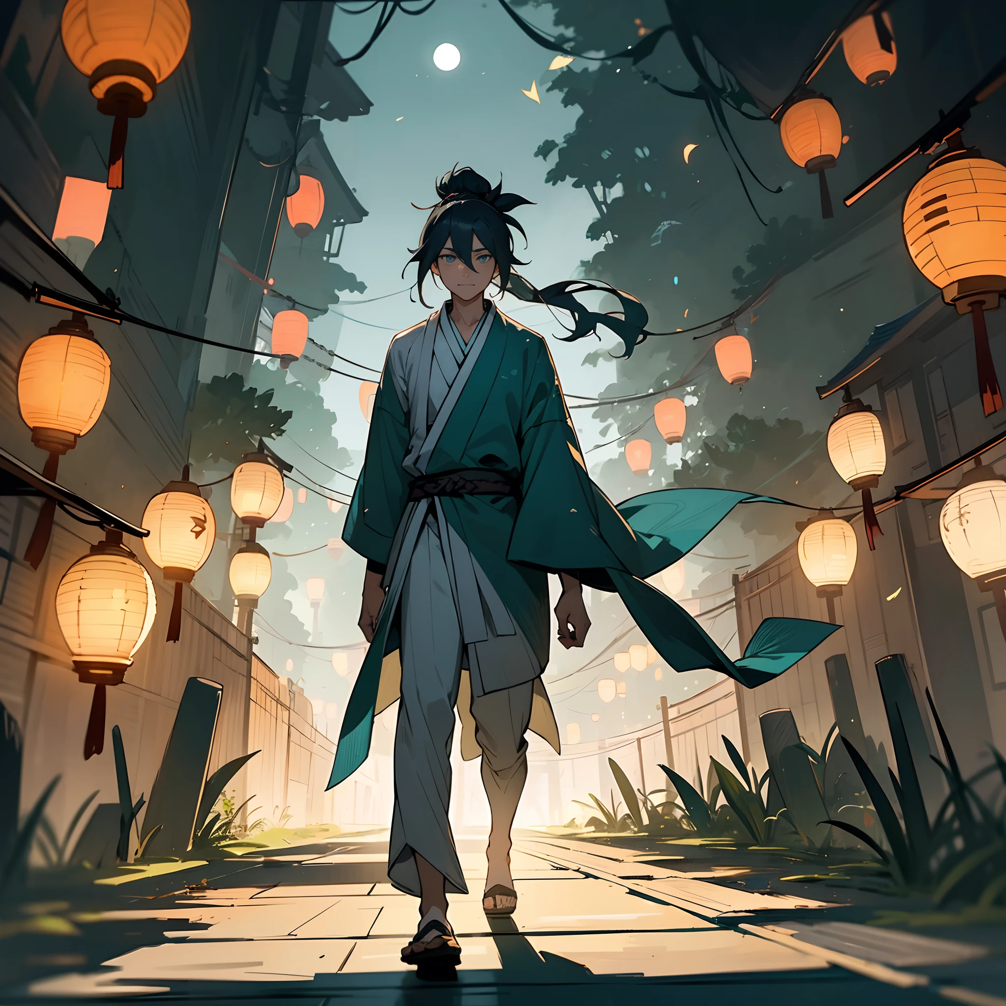 1male, messy long teal hair with man bun, finely detailed grey eyes, loose casual yukata, walking down path, night village, lanterns, best lighting and shadows, confident expression, facing viewer, moonlight