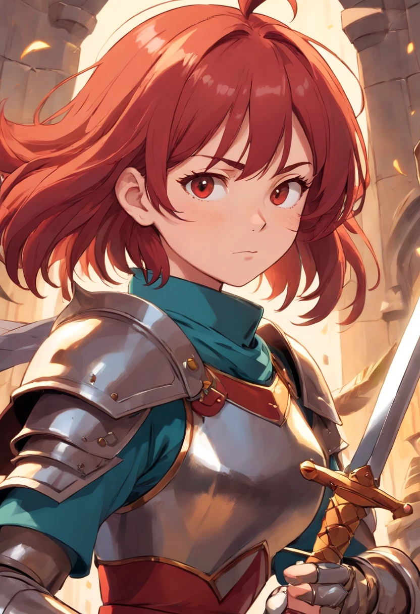 Girl with short red hair in battle armor and holding a dagger. Place the dagger close to her face. Make her look mad and put her in a battle pose.
