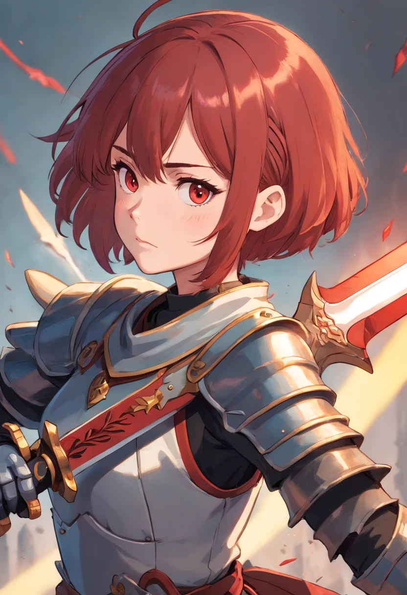 Girl with short red hair in battle armor and holding a dagger. Place the dagger close to her face. Make her look mad and put her in a battle pose.