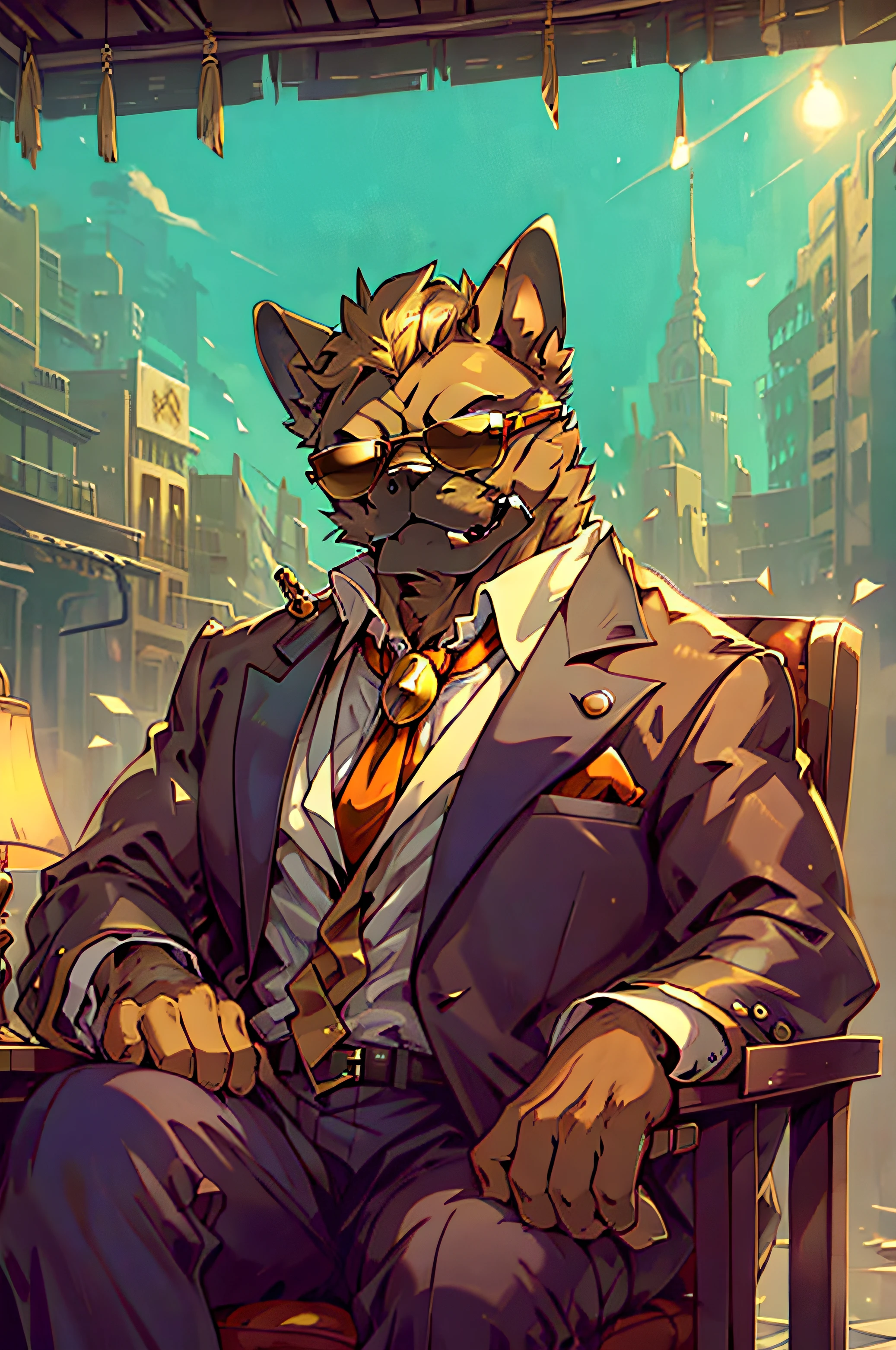 Wear sunglasses、An old French bulldog with a cigar and a mafia boss sitting on a chair with armrests、Gold coins falling from the sky、Vintage Sepia Photography