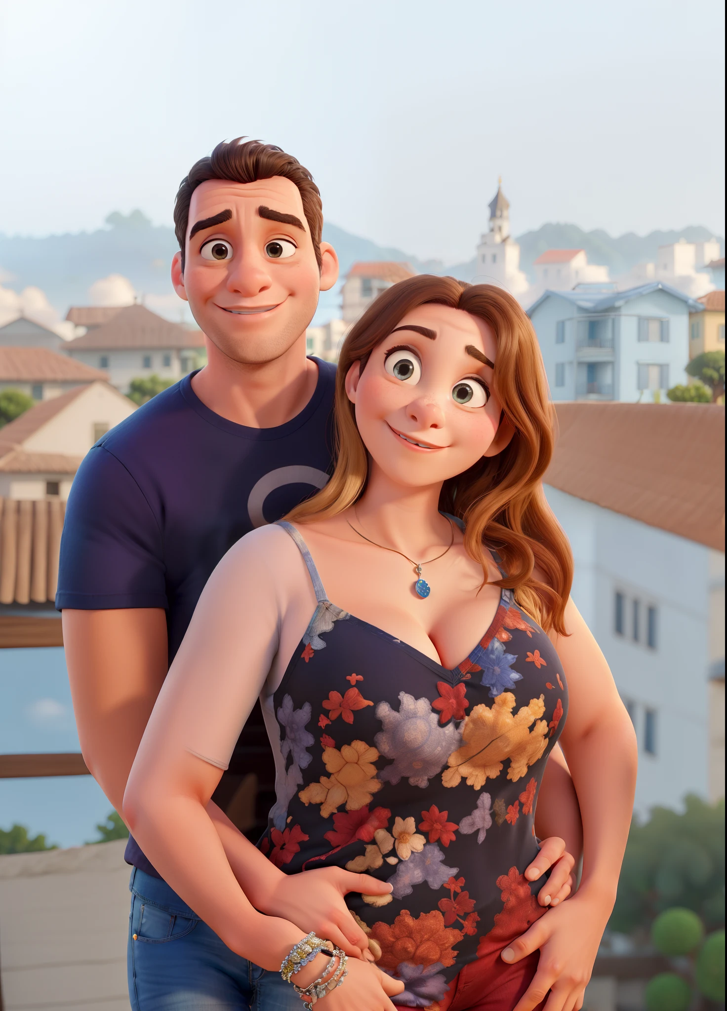 Obra-prima, de melhor qualidade, um casal, Embraced, ele atras dela, camiseta preta, calca jeans azul, ela vestido preto florido, imagem pixar, como capa de filme, cidade ao fundo, dia ensolarado.