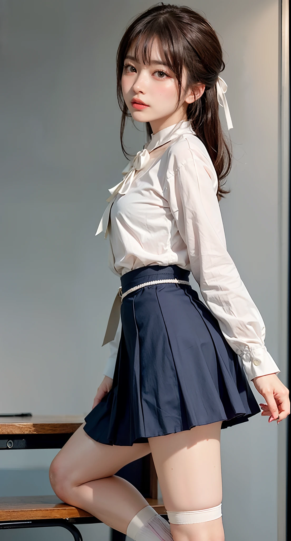 (((Kamimei、Mouth ajar))),(((((pencil skirts、from side、Standing on one leg、sockes、Navy Blue Skirt Suit、side slits、White ruffled blouse with ribbon、high-heels、raise her legs))))),((In the office、In the company、In the reception room、frombelow))、masutepiece, 1girl in, best qualtiy, Ultra Detail, (shiny), (Small)、(((with blush cheeks,))),Ray tracing,Perfect Lighting, (milky skin:1.2),reflection,  up looking_で_viewer, blush, bow ribbon, yellow_Eyes, White choker, Low_Twin-tailed、Japan's cutest 28-year-old beautiful girl、Small ribbons in the hair、Contrast Legs