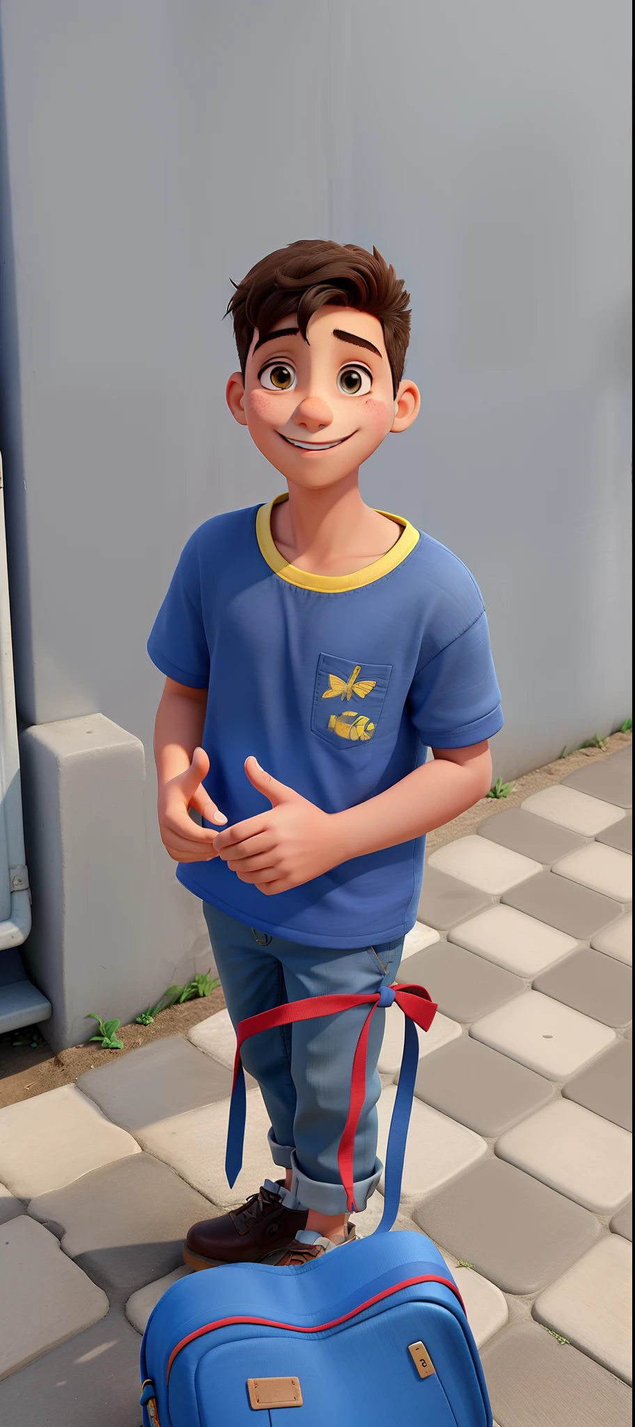 A Beautiful Boy Standing, ao lado de um muro, sorrindo e feliz. Um dia lindo.