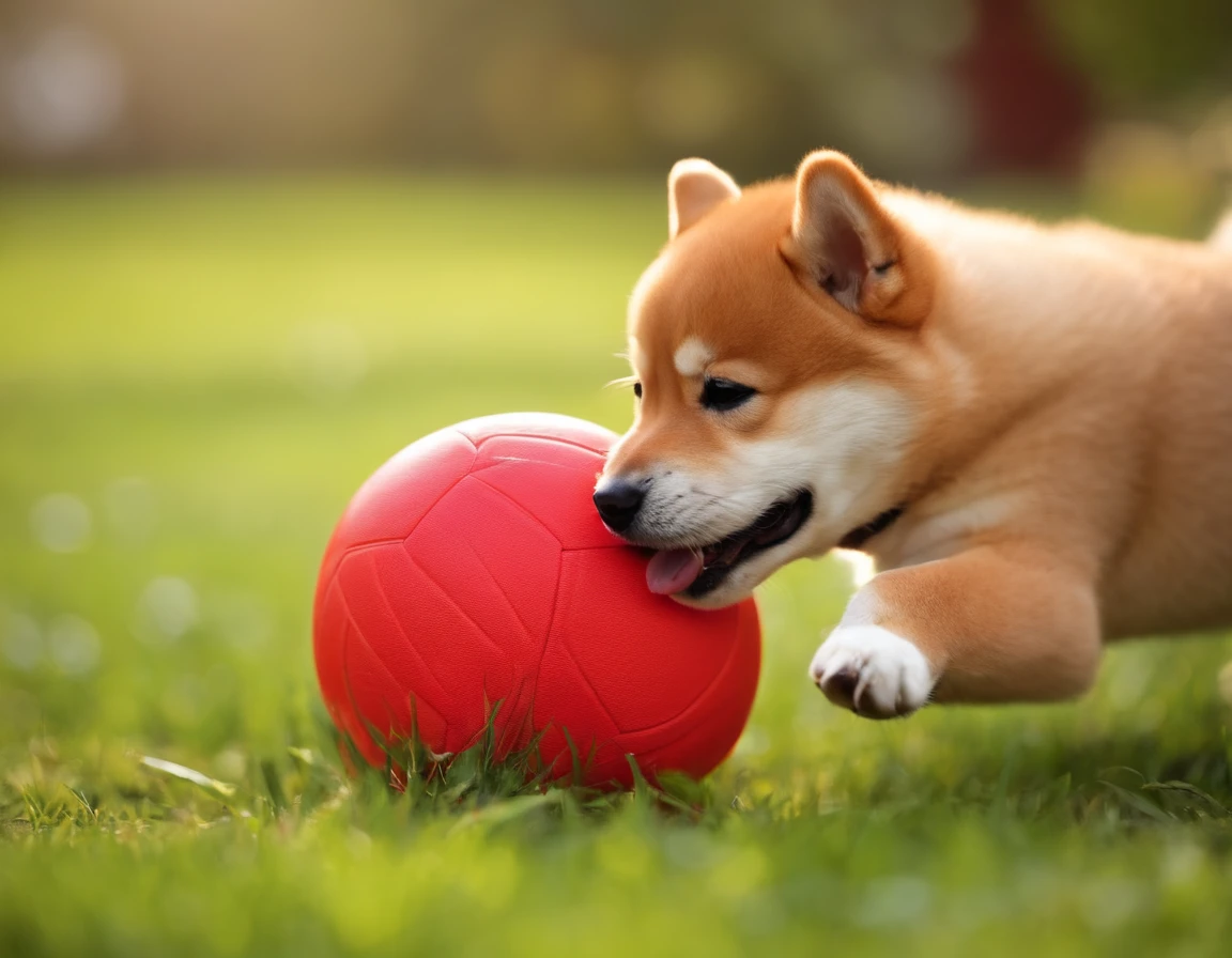 Shiba dog、pup、Happily playing with a ball
