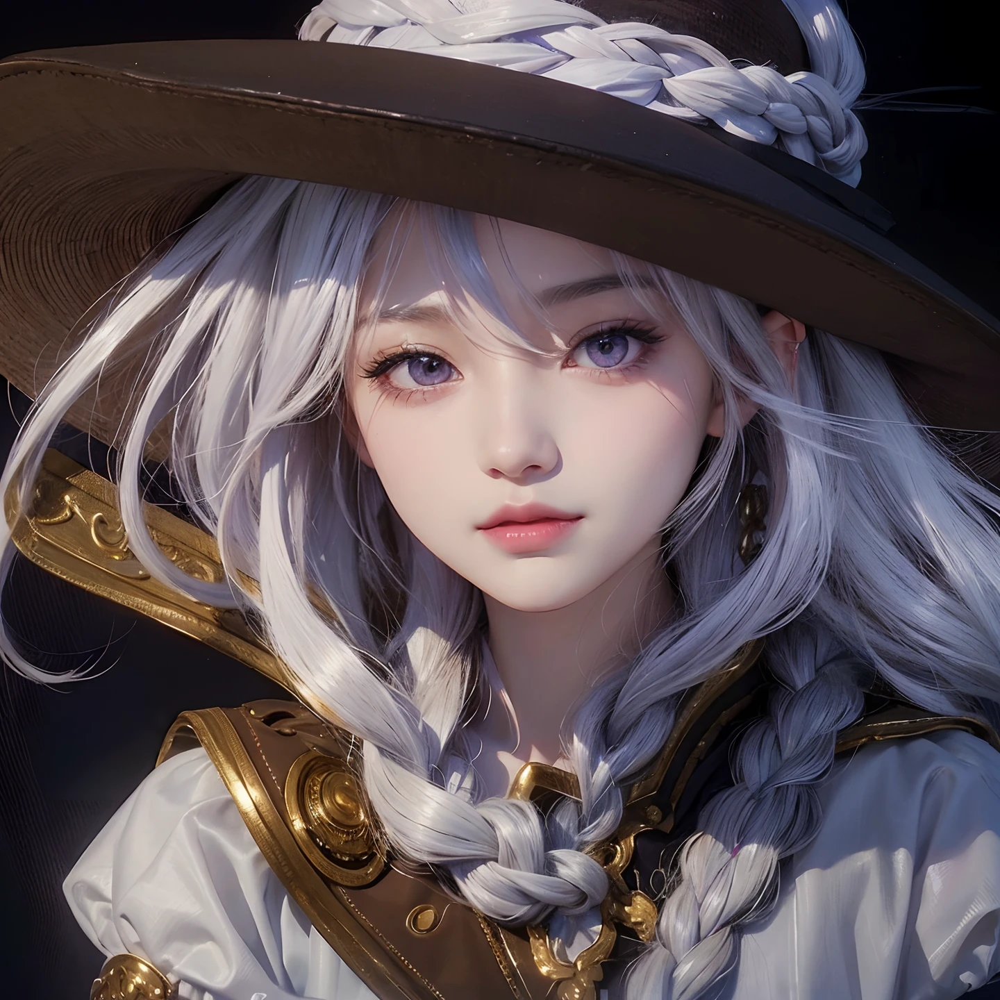 A girl with realistic white long hair, exactly the same realistic hairstyle, realistic Korean beautiful face,Realistic thin smiling expression, realistic bright purple eyes, exactly realistic hat,Adapt clothes exactly the same,Realistic light, realistic shadows, realistic background,Very realistic clothes, realistic braided hair