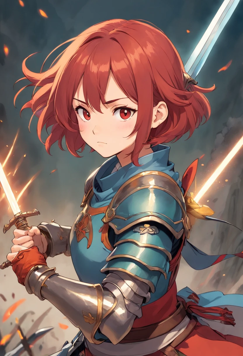 Girl with short red hair in battle armor and holding a dagger. Place the dagger close to her face. Make her look mad and put her in a battle pose.