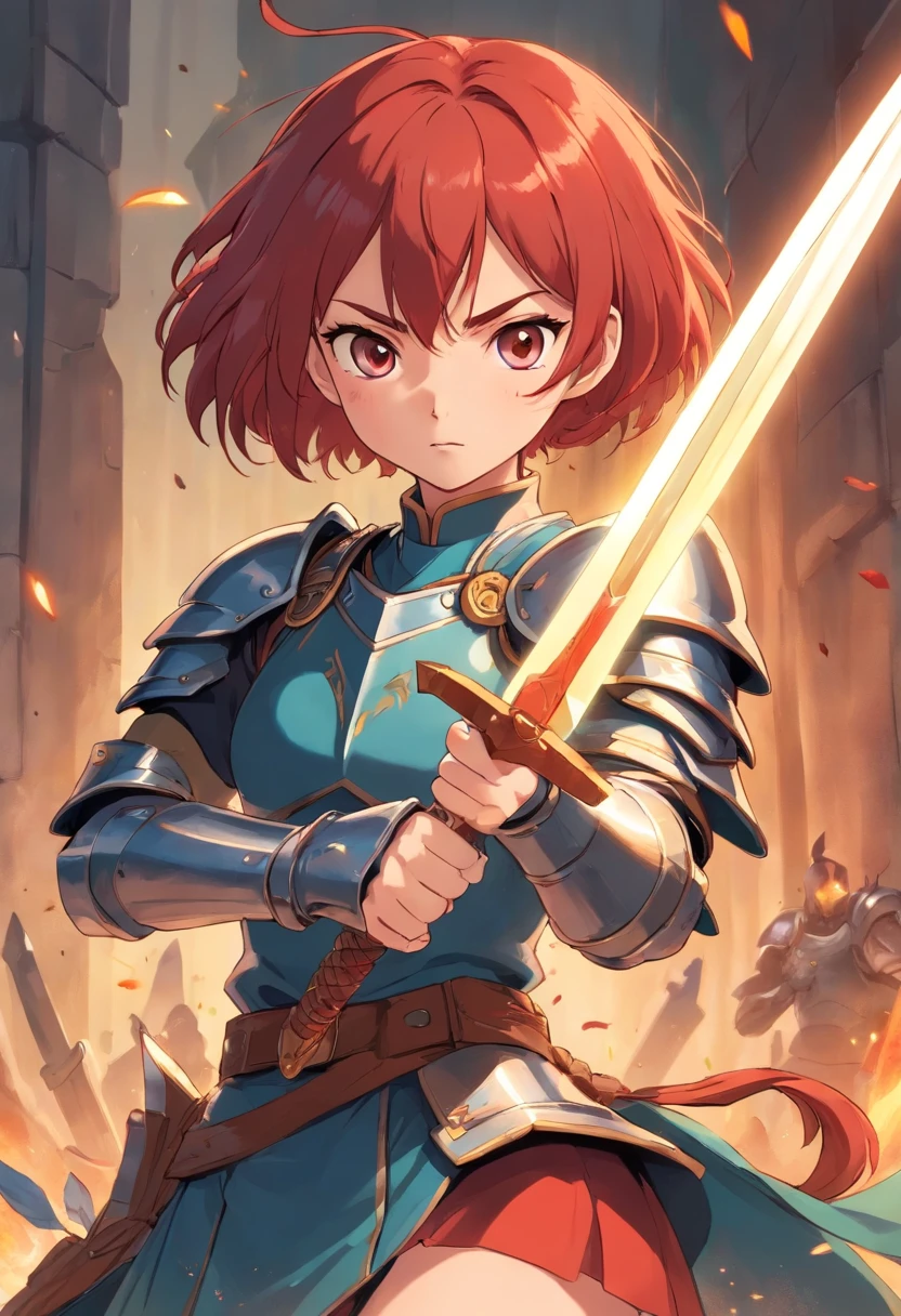Girl with short red hair in battle armor and holding a dagger. Place the dagger close to her face. Make her look mad and put her in a battle pose.
