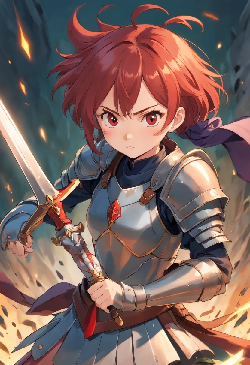 Girl with short red hair in battle armor and holding a dagger. Place the dagger close to her face. Make her look mad and put her in a battle pose.