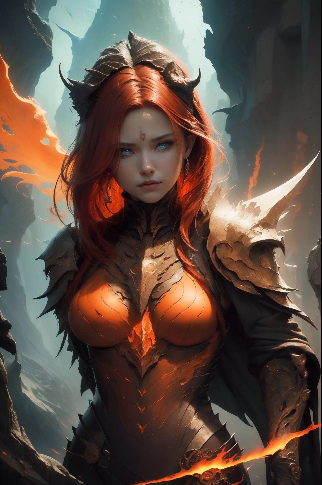 [Detailed illustrations, art based on extremely ideal anatomy, very detailed and detailed drawings, delicate lines with slow and urgent, realistic texture expression],((Color tressed main lines)),(Artwork with outstanding craftsmanship),(Lava Cave Background (Flame Hell: 0.4))),HENAI ANIME [Red-skinned DemonGirl 19 years old, slender muscular] Flame Hair (Demon Knight: 0.5),(Bone Armor ( crack in chest) (Blade of Fresh Blood: 0.4)) (Edge),((Dark fantasy)),((Fine and beautiful skin expression (transparency))),((Clear gaze)),((Perfect eye details (Beautifully drawn eyes)))),(Beautiful perfect face (Realistic face details)),((Beautiful hair details)),(Perfectly proportioned proportions)),( Design built to a high level, ((Advanced structural understanding of materials)),Ideal color coordination),((Artistic decoration)) ((Dense detail)),((Detail,High definition)),[(Ultra-precision detail),((Multilayer texture)),HighQuality,High Resolution],((Accurate simulation of light-material interactions, Understanding of air flow, mechanically correct expression))), ((visual art that conveys a sense of narrative)).