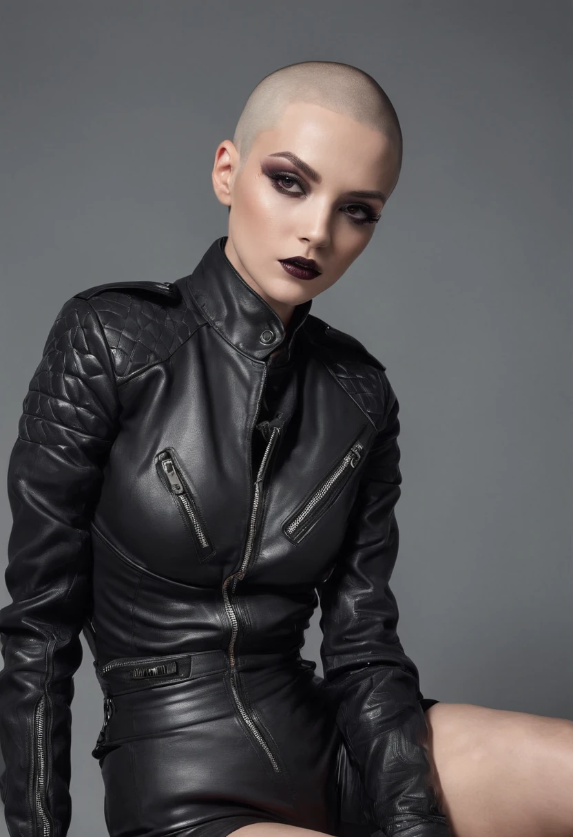 Beautiful shaved head woman dressed in leather jacket and fishnet bodysuit sitting spread legs, black make-up, techno aesthetic, sensual pose, ultra detailed, photorealistic, masterpiece.