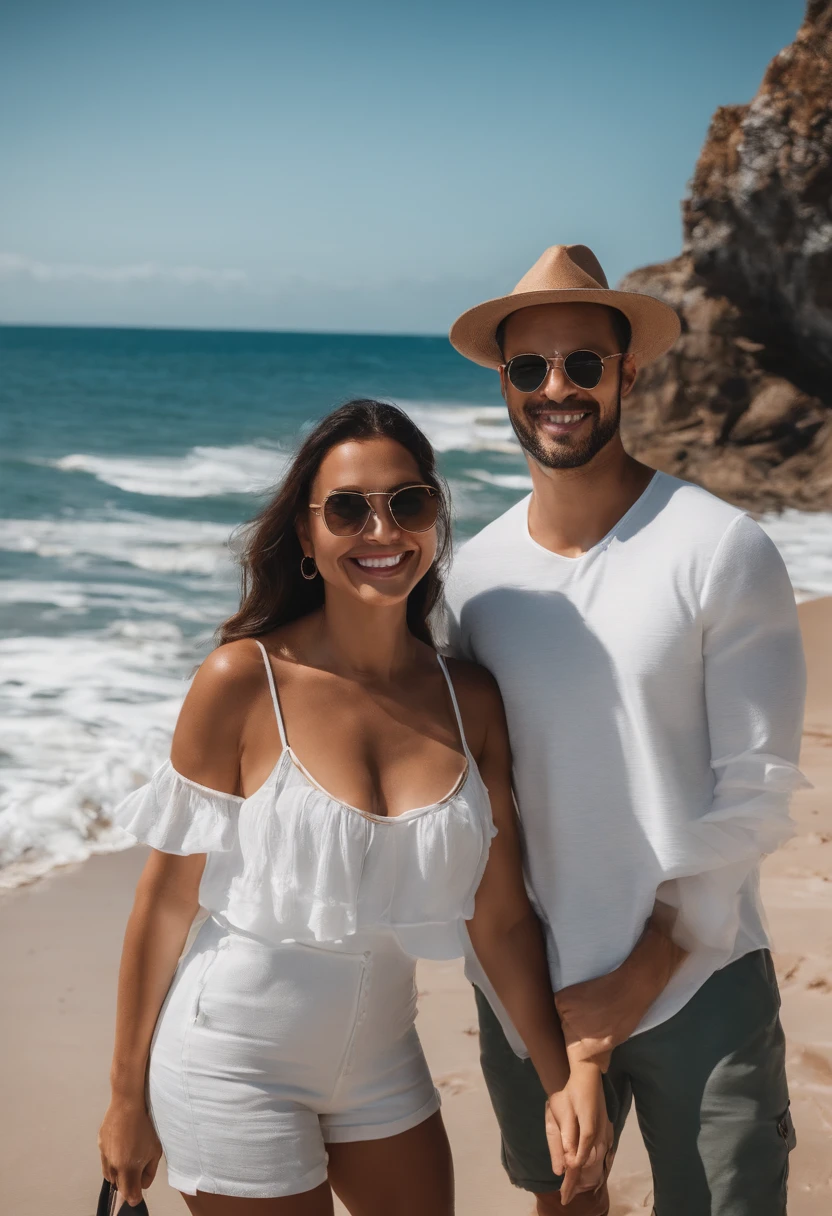 They are taking a selfie on the beach with the ocean in the background, posando em uma praia com o oceano, Tyler Edlin e Natasha Tan, O oceano ao fundo, 🤬 🤮 💕 🎀, em uma praia tropical, vacation photo, oceano ao fundo, dia ensolarado na praia, standing near the beach, com montanhas ao fundo
