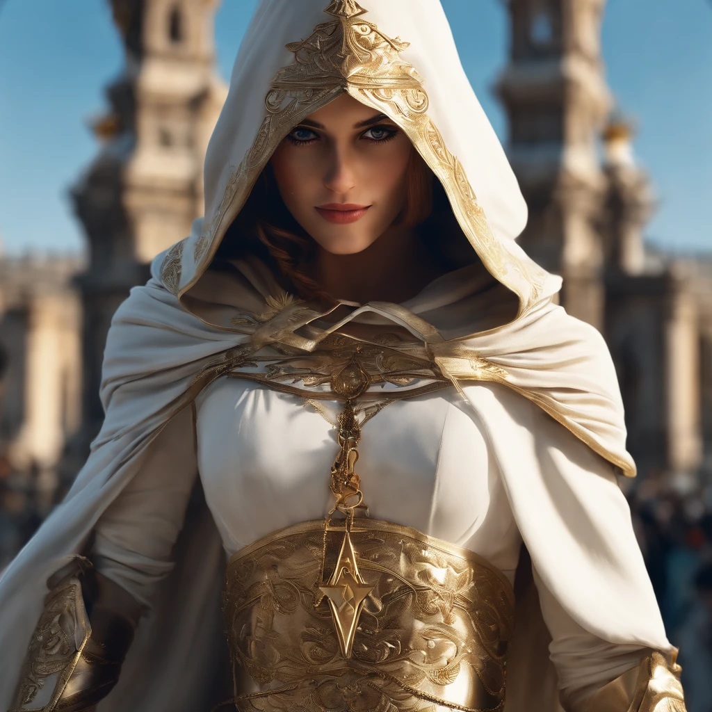 Uma foto de corpo inteiro da Princesa Zelda, brown hair, olhos azuis, vestido como um Assassino de Assassins Creed, em branco+gold with a white mask and hood with golden details, Busto XL, using a wrist blade. Background Story: A city during the Renaissance period. Motor Unreal 5, anime, estilo anime, master part, olhos bem desenhados, rosto bem desenhado, olhos bem detalhados, rosto bem detalhado, 8k, Efeito de Luz e Sombra.