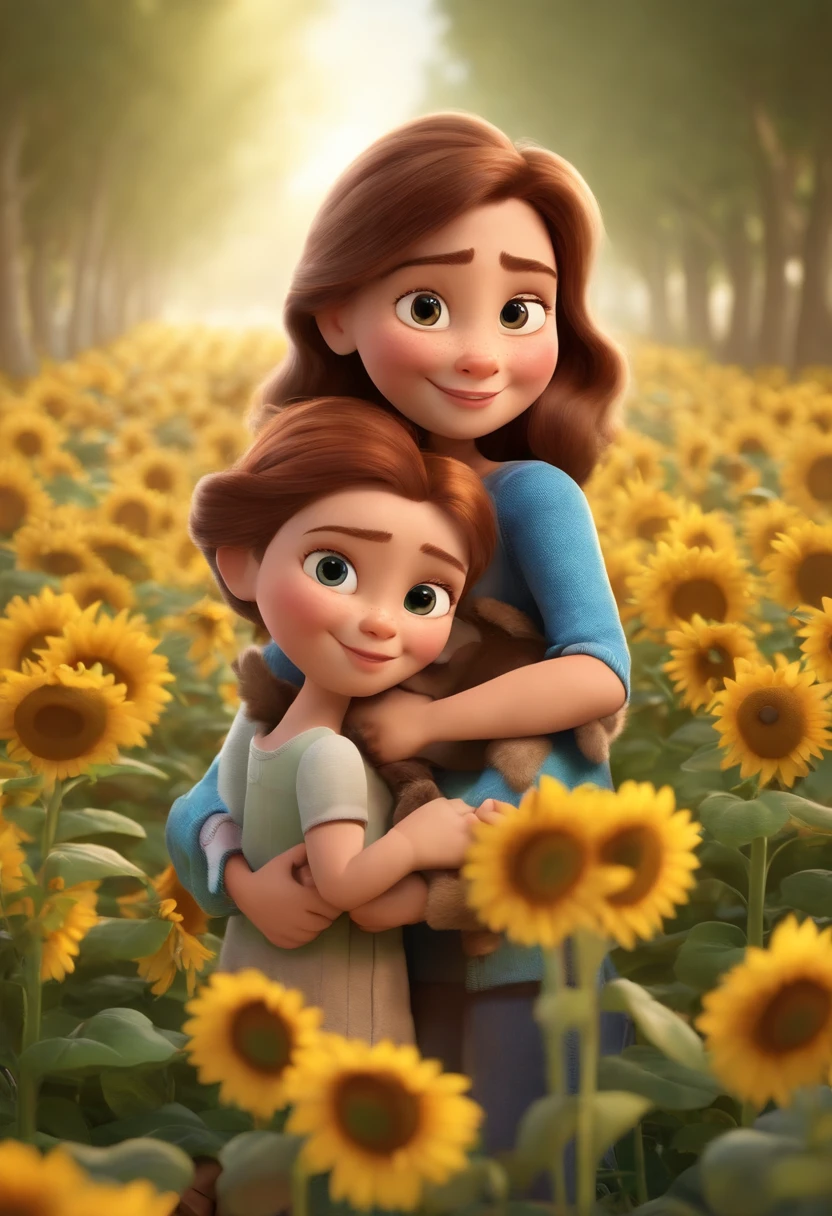 Create a Disney PIXAR-style 3D poster, ((2 )) ((1 menina no meio e 1 menina ao lado, They're hugging each other, Uma menina tem pele branca e cabelos castanhos escuros e olhos castanhos escuros, oira meni tem cabelos escuros e olhos castanhos escuros, 1 menina tem pele clara, olhos e cabelos dourados claros e lisos ((tudo isso no estilo Disney PIXAR 3D, In the background, A house of sunflowers, Gloria Studio, The garden is full of nature 3D render RTX clay material, estilo de design cartunesco, POP Mart, soft lighting, linhas suaves, Spring tilt, Detailed illustrations of PIXAR 3D, Detalhes hiper-realistas, cor quente no estilo Disney PIXAR 3D))