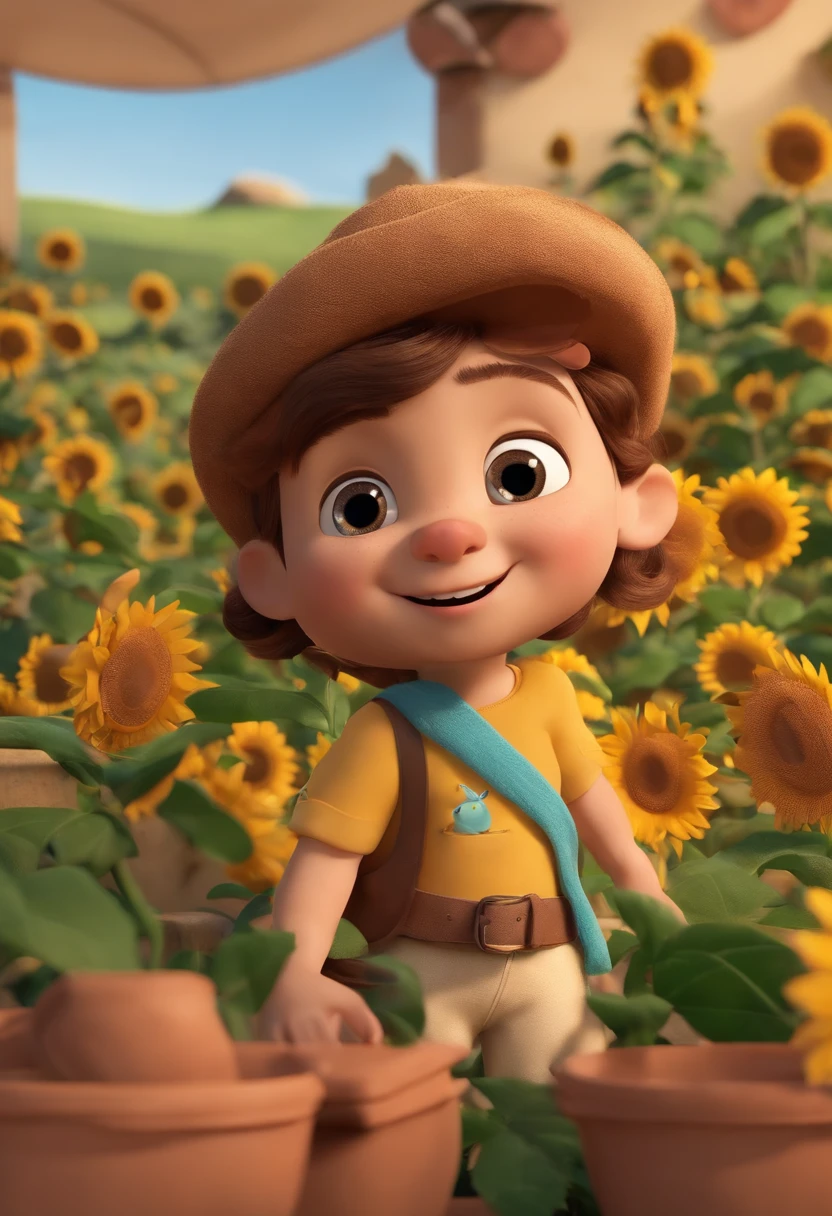 Create a Disney PIXAR-style 3D poster, ((2 children)) ((1 menina no meio e 1 menina ao lado, They're hugging each other, Uma menina tem pele branca e cabelos castanhos escuros e olhos castanhos escuros, oira meni tem cabelos escuros e olhos castanhos escuros, 1 menina tem pele clara, olhos e cabelos dourados claros e lisos ((tudo isso no estilo Disney PIXAR 3D, In the background, A house of sunflowers, Gloria Studio, The garden is full of nature 3D render RTX clay material, estilo de design cartunesco, POP Mart, soft lighting, linhas suaves, Spring tilt, Detailed illustrations of PIXAR 3D, Detalhes hiper-realistas, cor quente no estilo Disney PIXAR 3D))