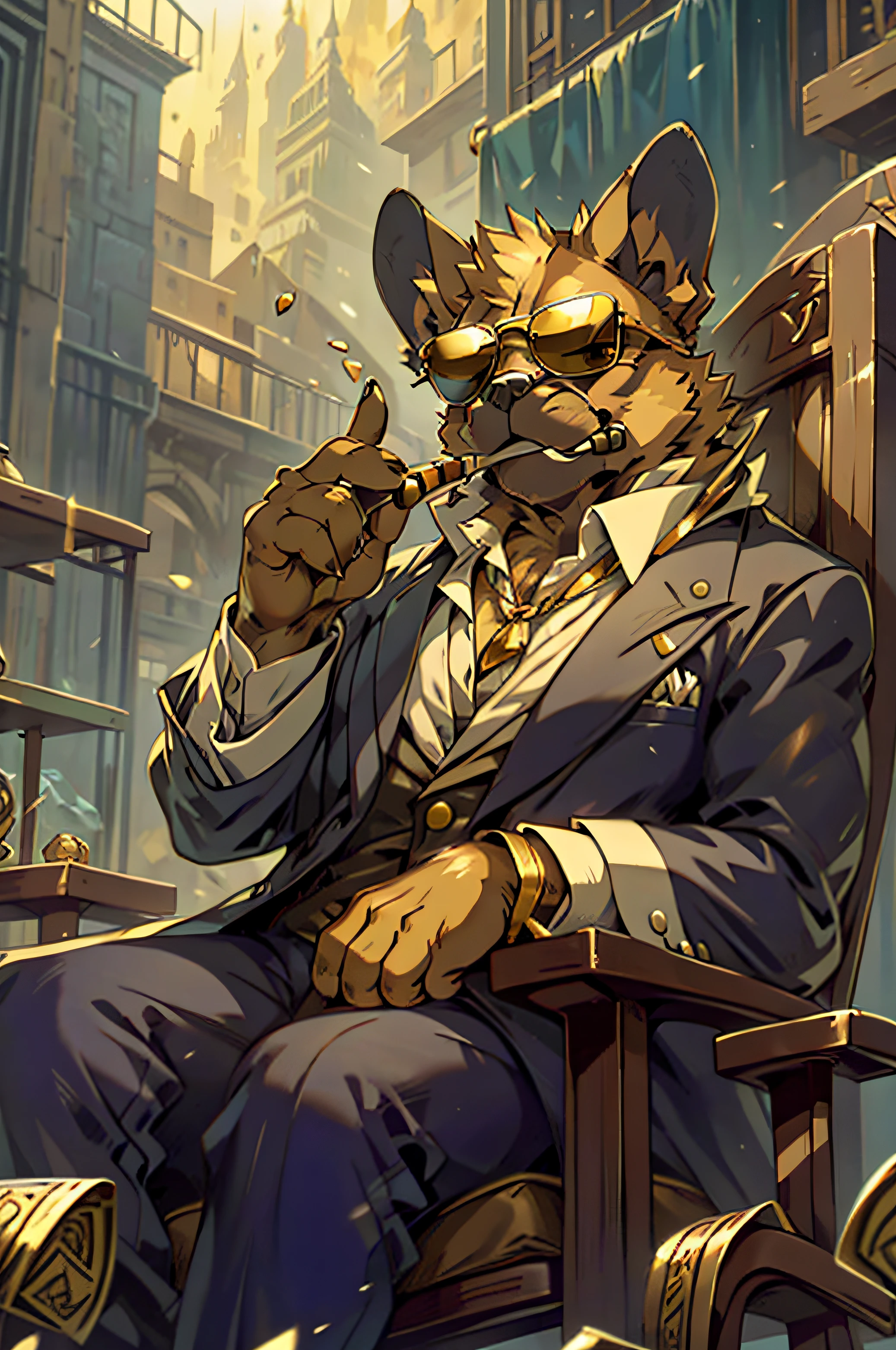 Wear sunglasses、A French bulldog with a cigar and a mafia boss sitting on a chair with armrests、Gold coins falling from the sky、Vintage Sepia Photography