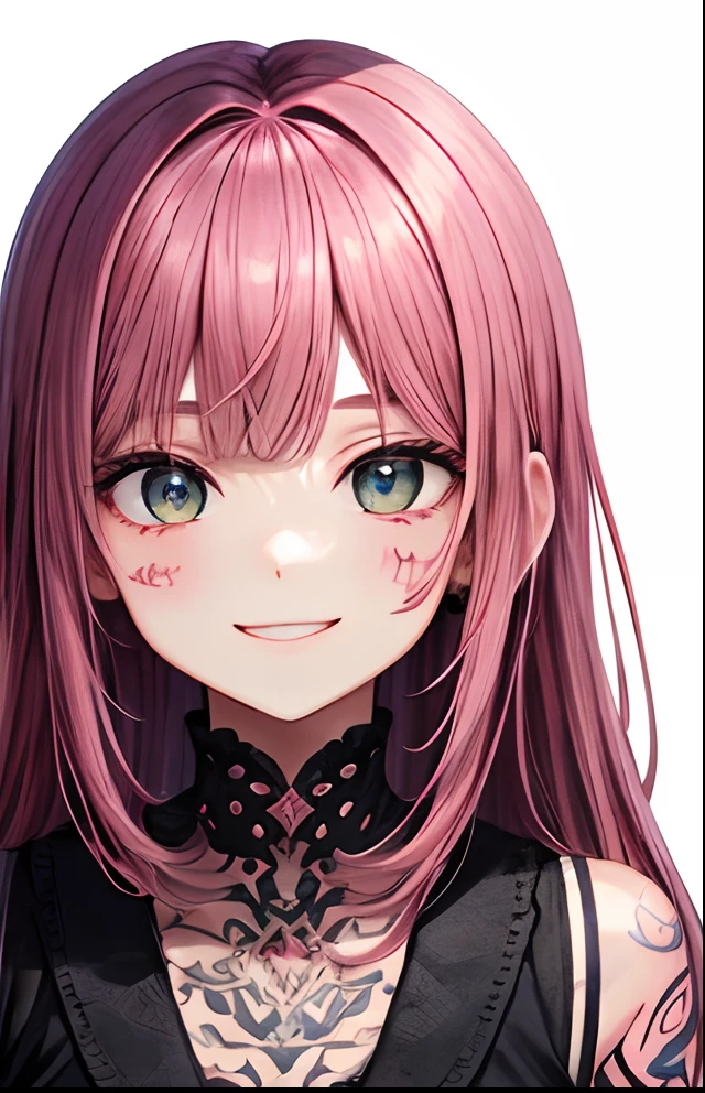 girl with、No background、without background、Background through、Pink hair、Pink hair、The long-haired、long、Subject bangs、Pattsun bangs、Aligned bangs、Sareme、drooping eyebrows、Takuambi、Marovi、Round eyebrows、morbid、Dark look、Tattoo on the arm、tattoo、embarrassed、kawaii、Smiling、A smile、No background