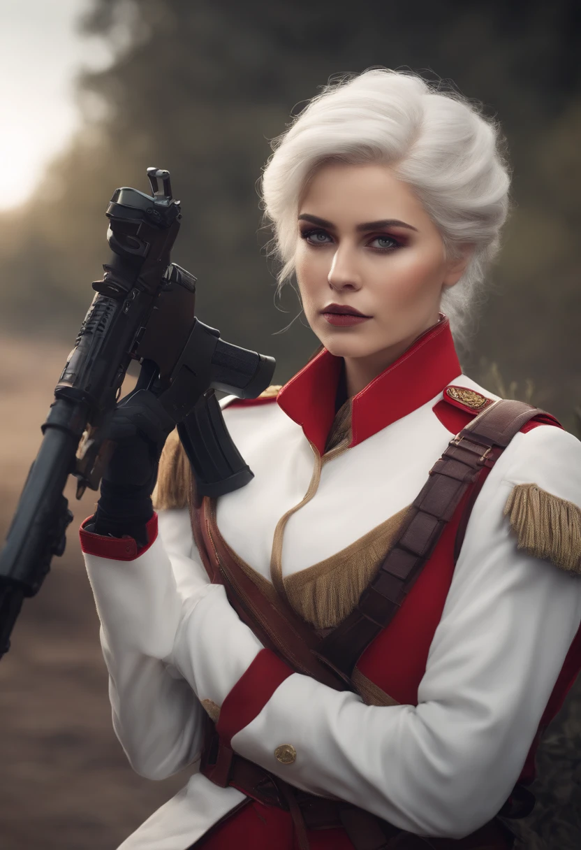 Masterpiece , A girl, at the battlefield, ( Short pale white hair:1.2), (Red eyes:1.2), (Russian military uniform:1.2), (looking at viewert:1.2) , (8K, Best quality 1.2), Ultra-detailed, 8K UHD, Soft lighting, High quality, filmgrain, Beautiful lighting, Cinematic ,Perfect body , Best illumination, Best shadow, Sharpness, Contrast, Red glasses, Messy hair, tactical vest, mitts, headset on head, absurdres high detailed face,Barefoot