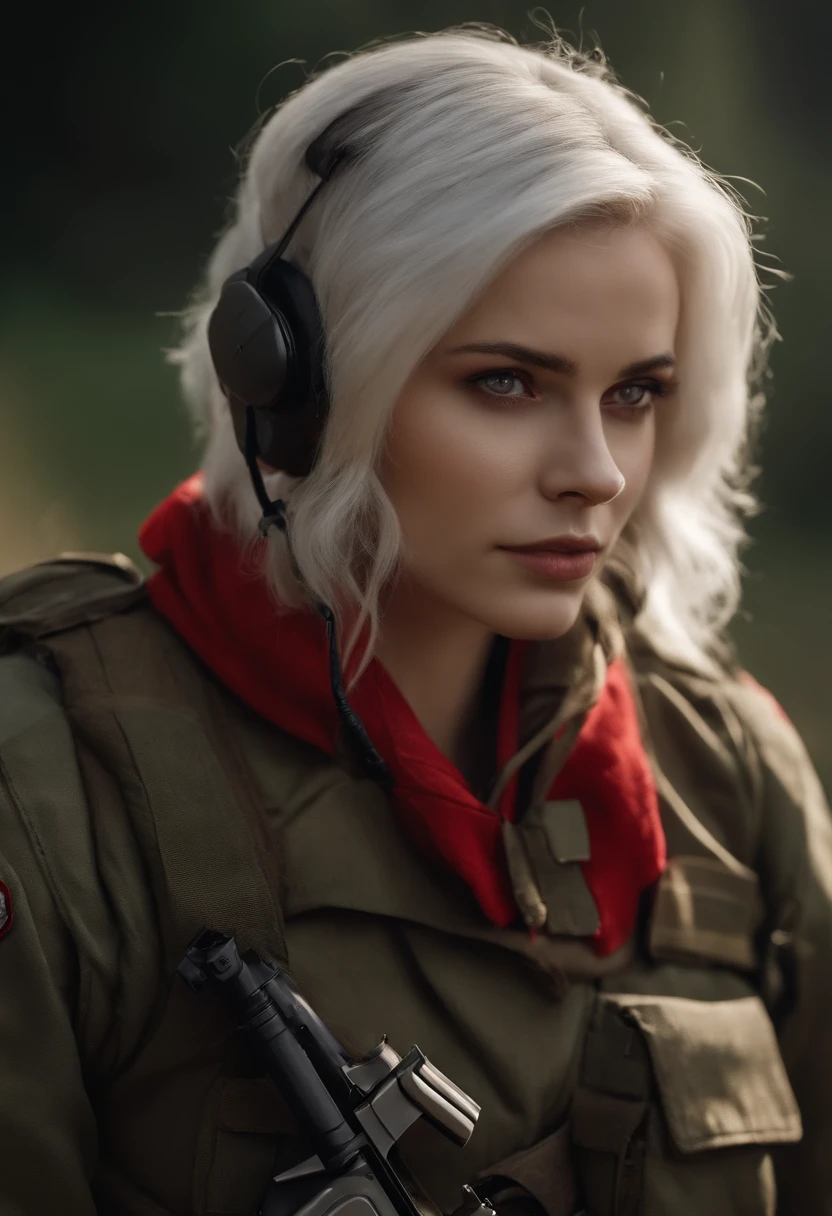 Masterpiece , A girl, at the battlefield, ( Short pale white hair:1.2), (Red eyes:1.2), (Russian military uniform:1.2), (looking at viewert:1.2) , (8K, Best quality 1.2), Ultra-detailed, 8K UHD, Soft lighting, High quality, filmgrain, Beautiful lighting, Cinematic ,Perfect body , Best illumination, Best shadow, Sharpness, Contrast, Red glasses, Messy hair, tactical vest, mitts, headset on head, absurdres high detailed face,Barefoot