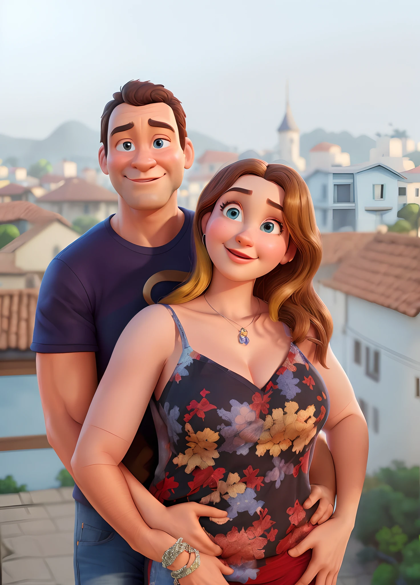 Homem e mulher posando para uma foto em frente a uma cidade, animation movie still, pixar retrato 8 k foto, animated film, animation film, Disney Pixar filme ainda, ainda do filme, filme realista ainda, Disney fotorrealista, animado ainda, um alambique de um feliz, Ainda de um filme da Pixar, pixar filme ainda, high resolution film still