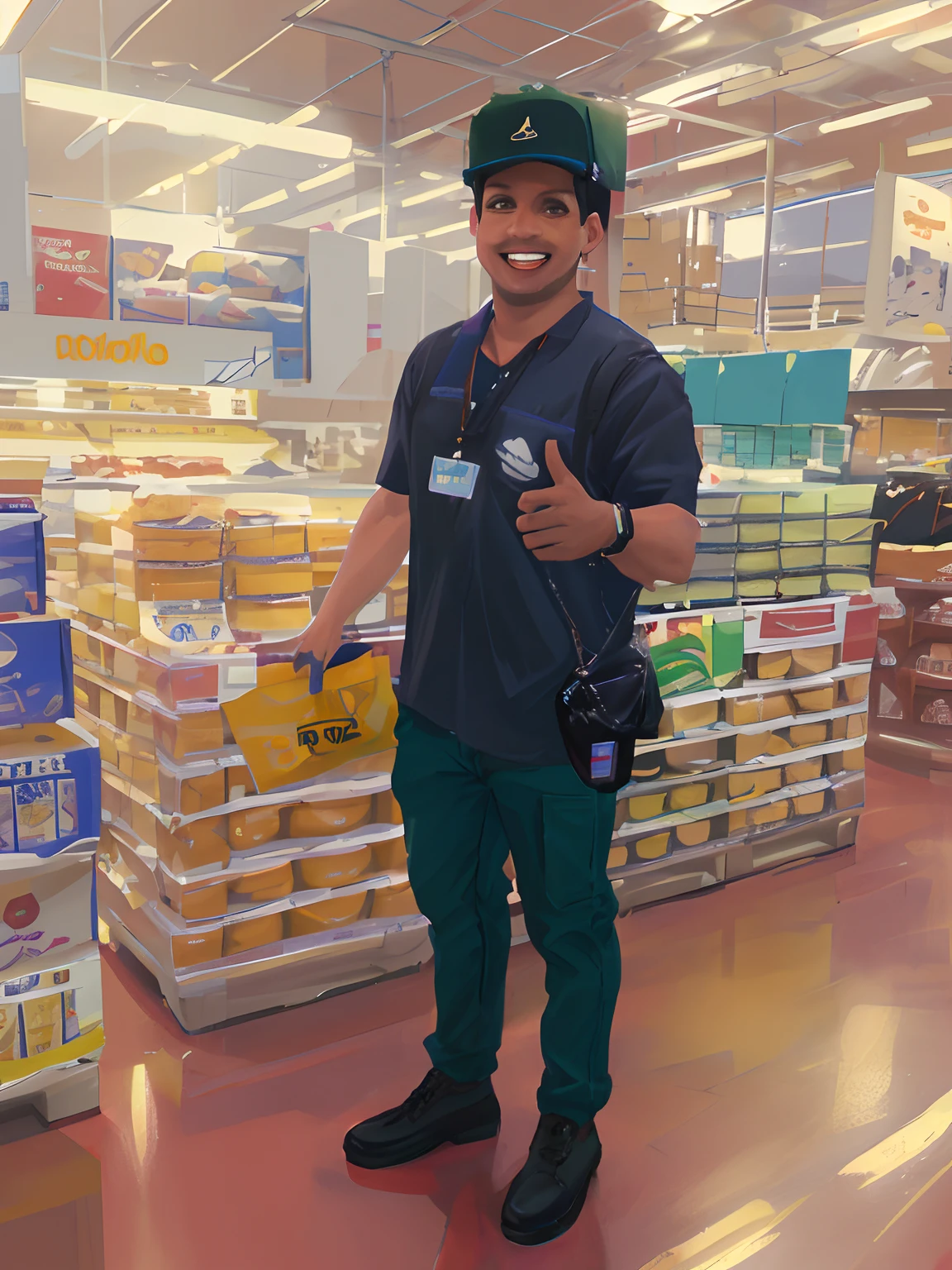 Homem arafed em uma loja segurando uma caixa de donuts, ((em um supermercado costco)), in warehouse, facebook post, candid picture, ficou em um supermercado, suave em _ O pano de fundo, candid photo, competition winning, foto selfie, cliente, imagem de qualidade muito baixa, foto desfocada, with a happy expression, full body photogenic shot, ligeiramente desfocado