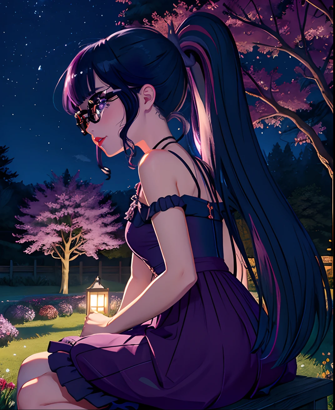 Destello crepuscular, Twilight flash of my little pony, Twilight flash in the shape of a girl, en un vestido morado, pechos grandes, pechos exuberantes, in a garden, Noche, vestido morado, mangas largas, purple sky, flores que la rodean, sosteniendo muchas flores, sakura trees, falling petals, Garden Lights, purple lights, Sitting under a tree staring at the stars, purple sunset, Gafas negras grandes, hierba verde, ((Fondo majestuoso 1.5))